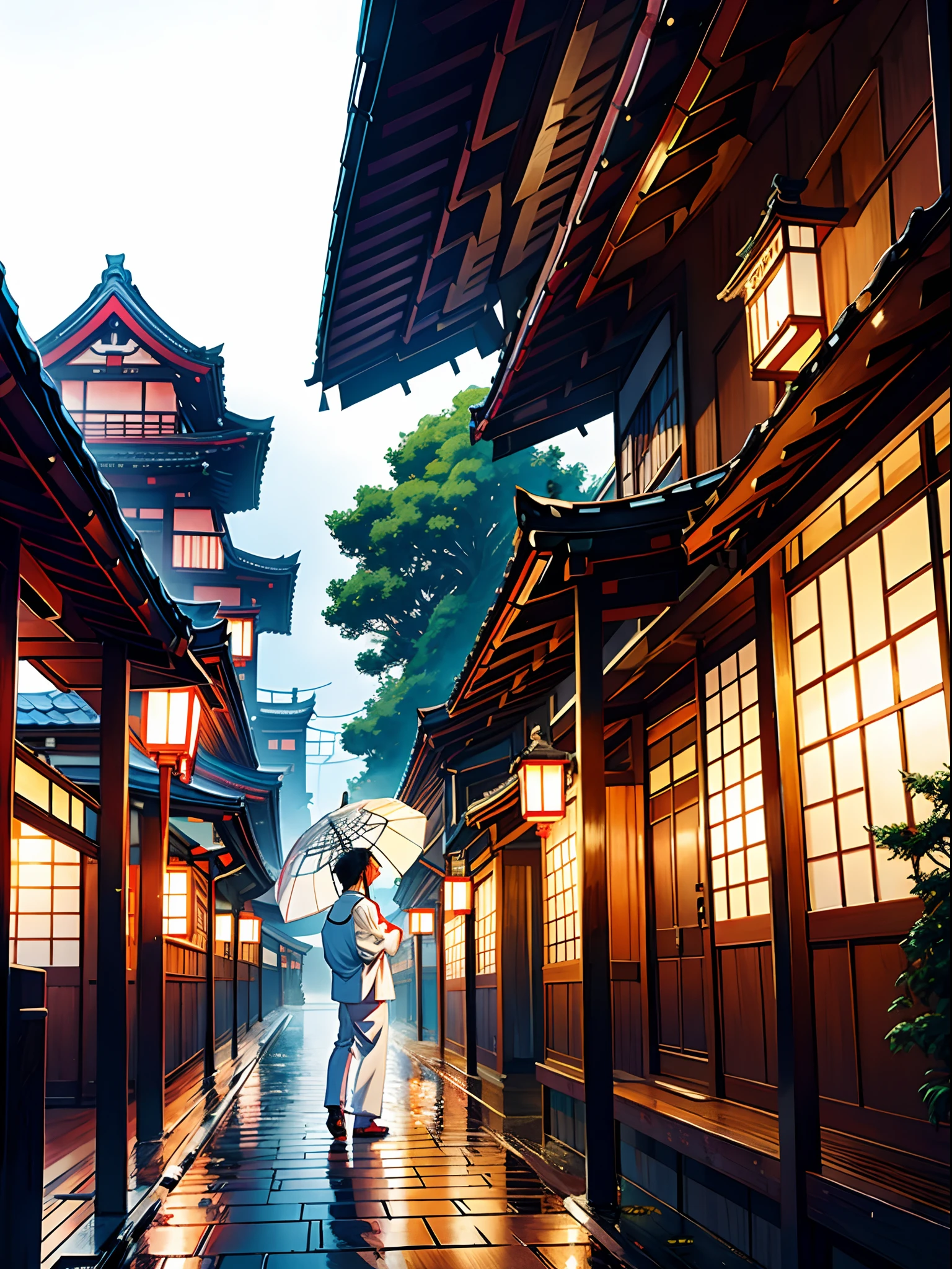 Anime sexy adult guy in white under umbrella, Japanese Traditional Architecture