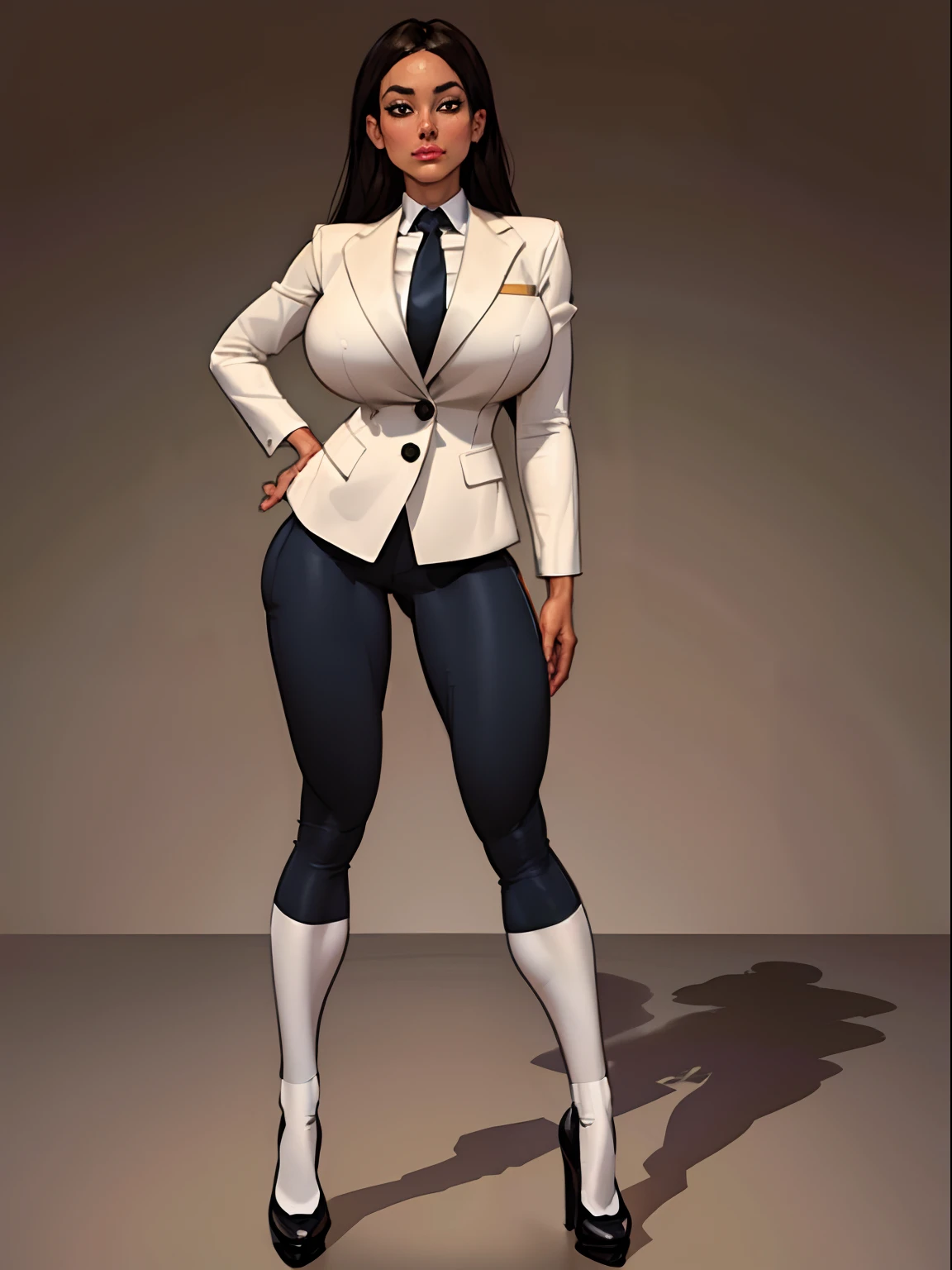Lonely young adult girl, Tall stature, large chest, closed mouth, asian face: brown eyes; black hair; sharp facial features; dimple on the chin; asian; ; pronounced high cheekbones; high forehead, stands upright, (gigantic breasts:1.4), detailed face, school uniform: blazer jacket; pants, Full-length painting, white crew socks, black heels, big eyes, Thepit style