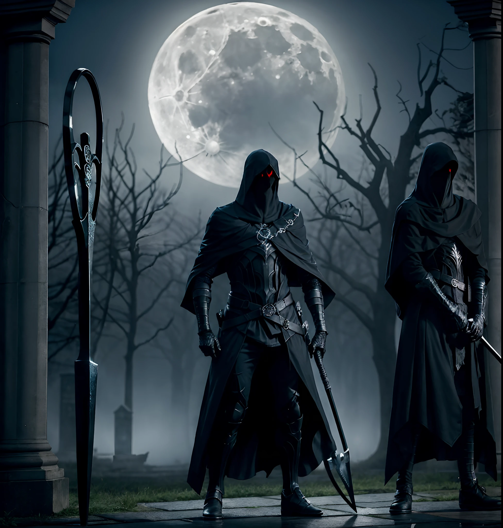 mysterious, hooded figure with a scythe, standing in a misty graveyard under a full moon. The figure should be shrouded in darkness, with only the eerie glow of their eyes and the blade of the scythe visible.”