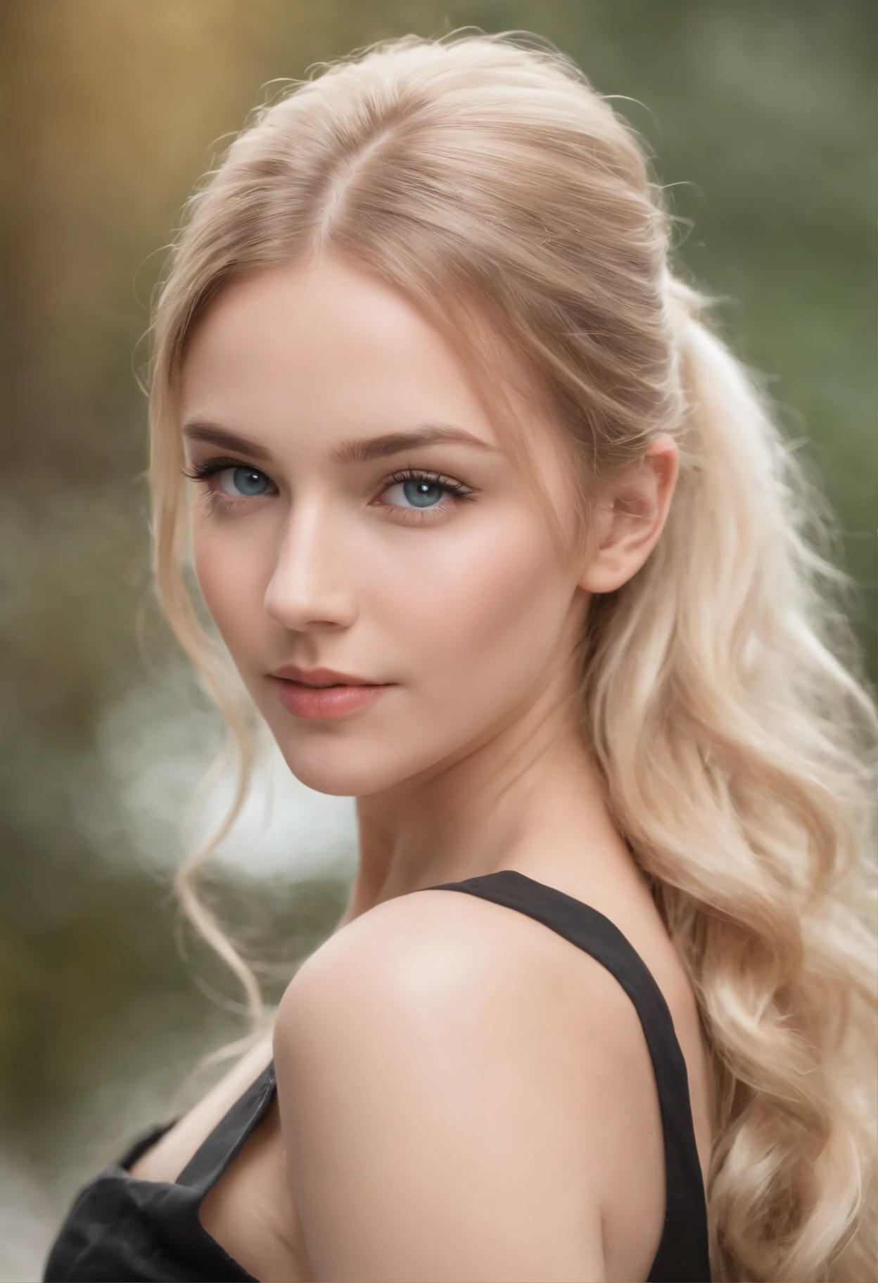 Young beautiful blonde with long hair, On one side, the hair is gathered in a ponytail, on the other hand in a pigtail, Posing for a photo, looks straight, Cyan eyes, in full height, attractive facial features, looks like a living woman, Age 22 years, young girl, in full height, black dress, black tights, beautiful portrait image