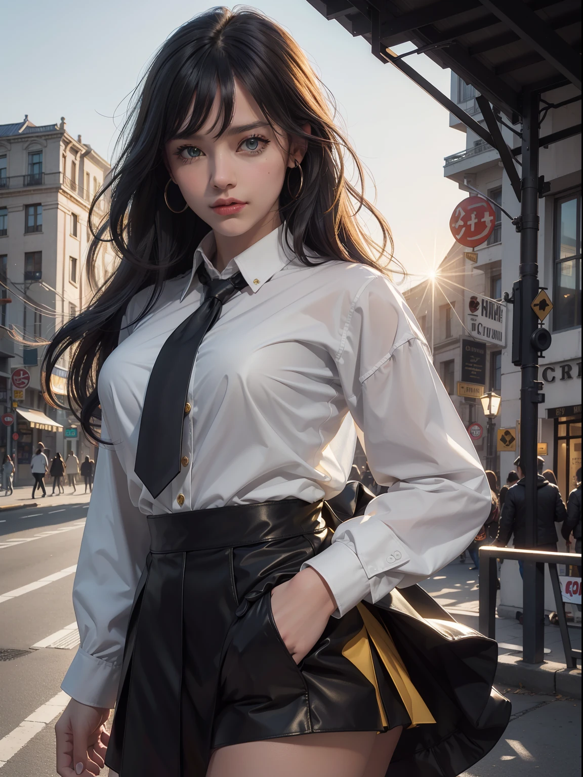 1girl, intricate detail, masterpiece, best quality, extremly detailed,cinematic lighting, beautiful detailed glow, finely detailed beautiful face and eyes, 8k, dark intense shadows, yellow eyes, medium hair, black hair, bangs, floating hair, black jacket, open jacket, white shirt, expressionless, yellow necktie, black skirt, spotlight, sunshine, sunrise, gradient sky, city, lens flare, cowboy shot, [[curvy]], [mature female]