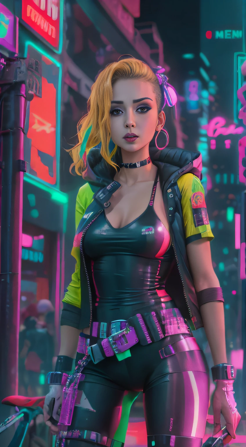 Best Quality, Realistic, Realistic, Award-Winning Illustration, (Complicated Detail: 1.2), (Fine Detail), (Complicated Detail), (Cinematic Lights, Best Quality Backlight), Crisp Lines, Crisp focus, official art, unity 8k wallpaper, absurd, unbelievably absurd, huge file size, ultra- (in_main_street:1.21), (neon lamp), fantasy art, rtx,((triangle closeup photo by award winning studio )), 1 malay woman in hijab, very pretty, (shut up), small boobs, ((Cyberpunk city Street, Battle Maiden)), perfect hands, beautiful detailed eyes, Perfect Face, (Cyberpunk blouse, leather jacket, Martin boots) ,((pleated skirt) ), ((supermodel pose)),