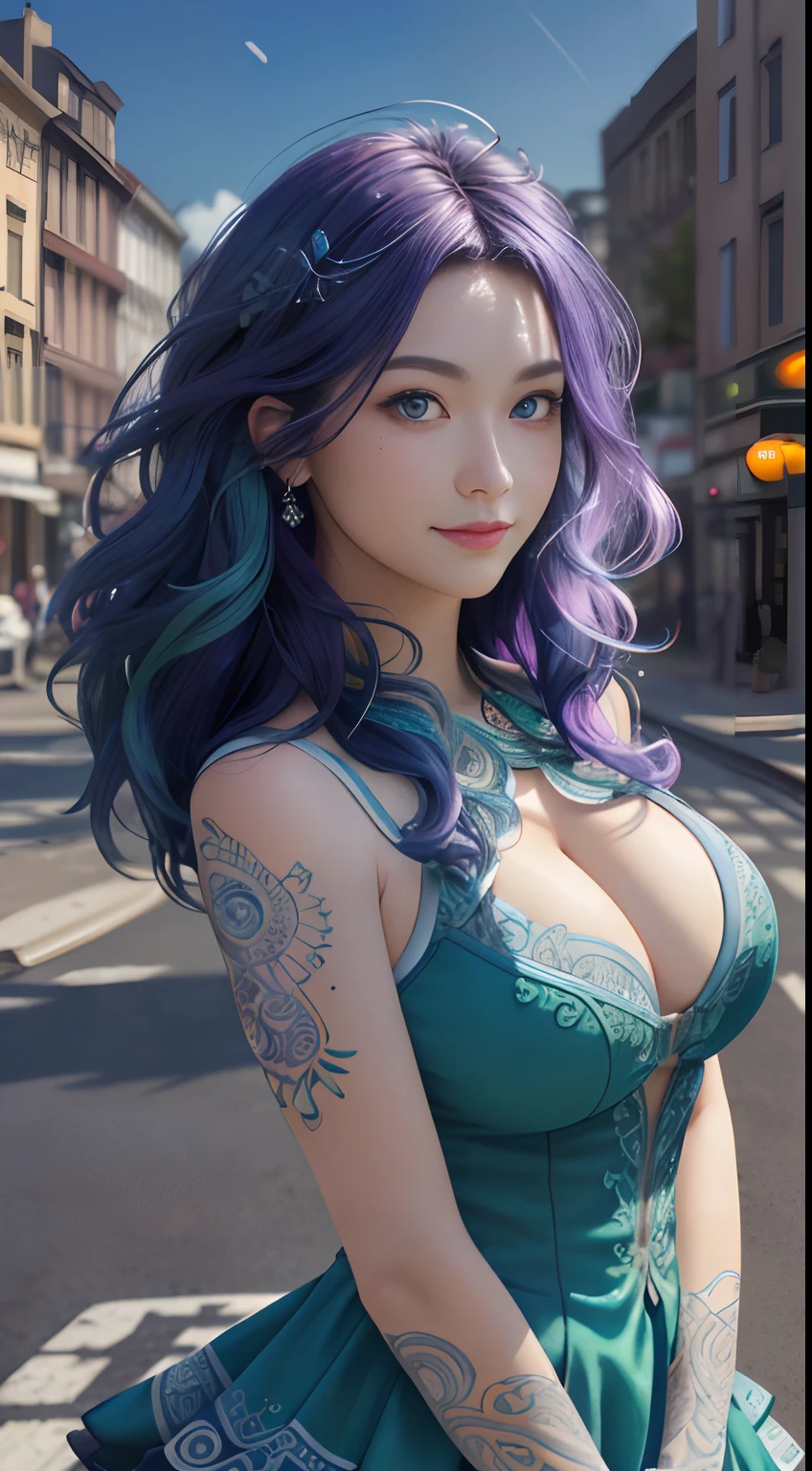 (masterpiece, best quality, ultra-detailed, highres, best illustration),1woman, solo,(male focus:0.8),beauty,huge breasts,big cleavage,purple hair, blue hair, heterochromia, green eyes, two tone hair, ,side lighting, lustrous skin,(shine), (shiny skin, cetlic elements, norse heritage), ray tracing, shirt, wind swept hair, detailed hair, detailed face, ,depth_of_field,very detailed background,extreme light and shadow,(detailed eyes) , perfect anatomy, (zentangle, mandala, tangle, entangle), dynamic angle, wide shot, upper body, city scape, extreme light and shadow, night sky, A little smile on the side, full body