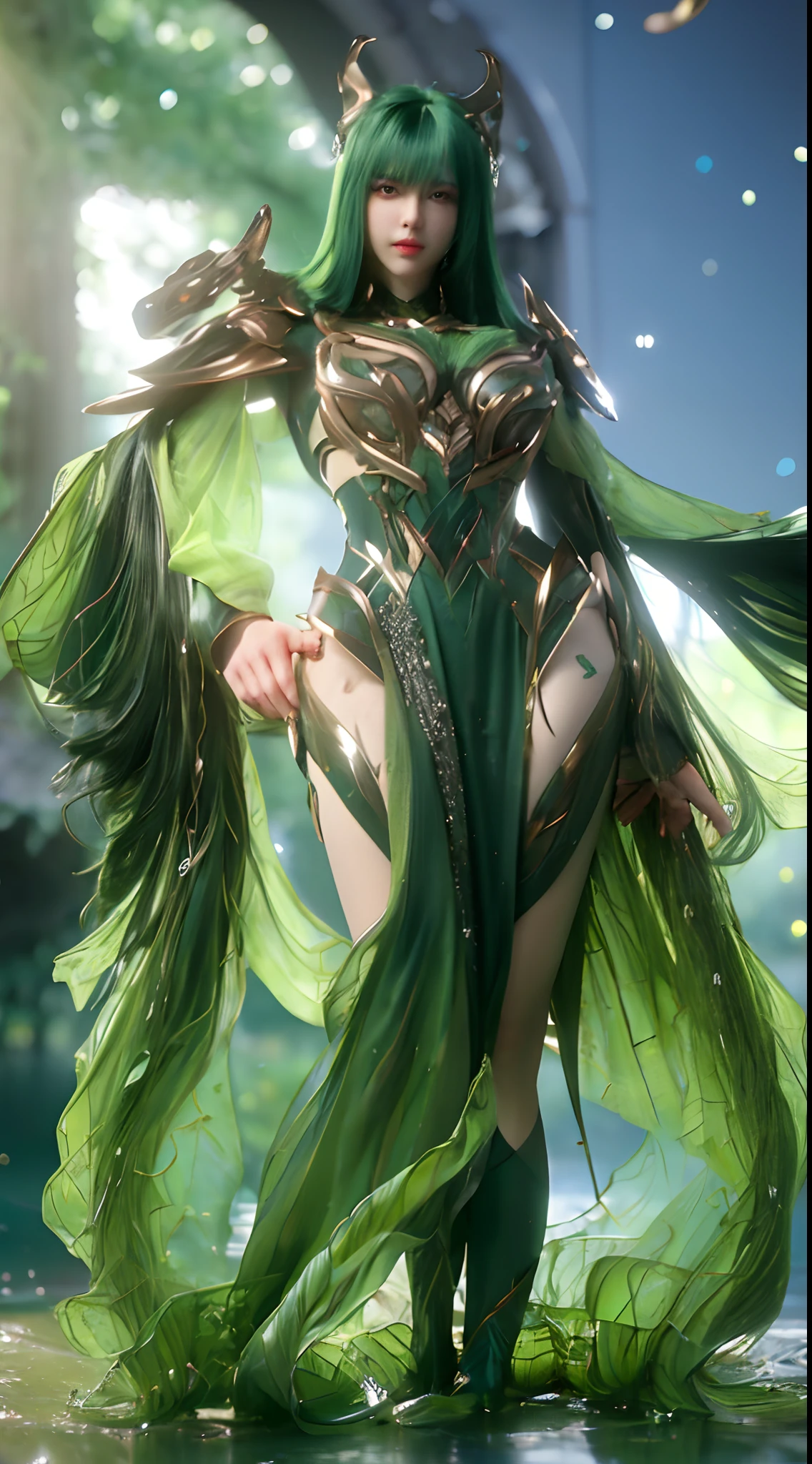 (A complex green-haired woman，Mecha joints and wing radiation, Quiet and dignified, Standing in the water), High-res, Ultra-detailed, Realistic, Vibrant colors, Bokeh, Studio lighting.