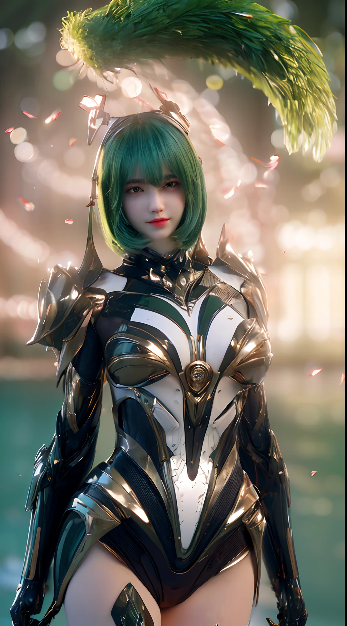 (A complex green-haired woman,Mecha joints and wing radiation, Quiet and dignified, Standing in the water), High-res, Ultra-detailed, Realistic, Vibrant colors, Bokeh, Studio lighting.