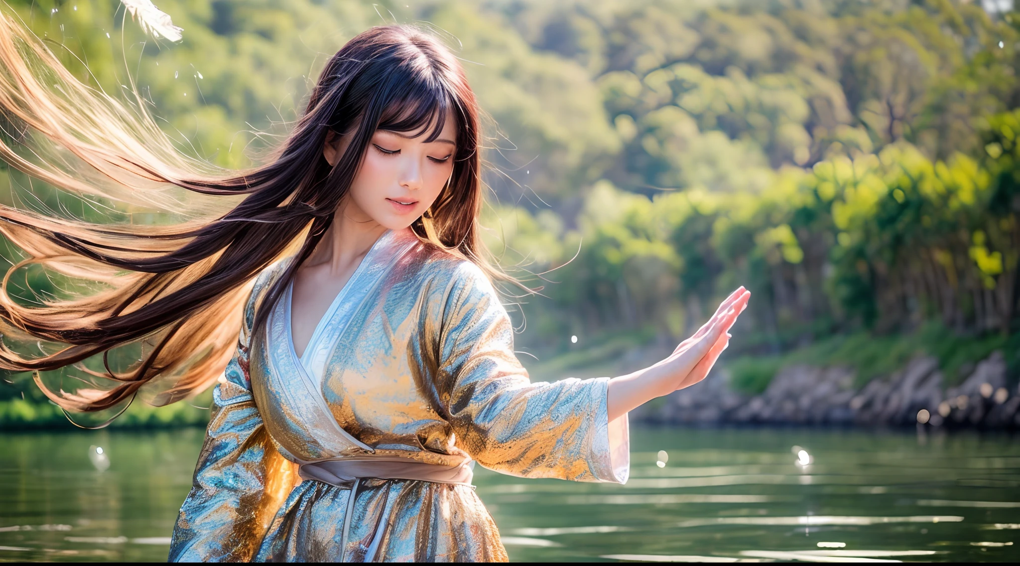 (Best quality,4K,A high resolution),(Realistic:1.37),Ultra-detailed,Loose robe, Tai Chi elements, Woman standing on top of a mountain, A glittering ball of water in the palm of her hand, tranquil ambiance, A mystical environment, Flowing energy, graceful movements, meditative state, Glittering sunlight, Peaceful nature, Ethereal colors, Soft shadows, Intricate robe patterns, Intricate details of water balloons, harmonious balance, peaceful expression, Gentle breeze, majestic landscape, Mist in the distance, Sun-kissed clouds, Tranquil lake, vibrant foliage, Birds soar in the sky, sparkling reflections, spiritual connection