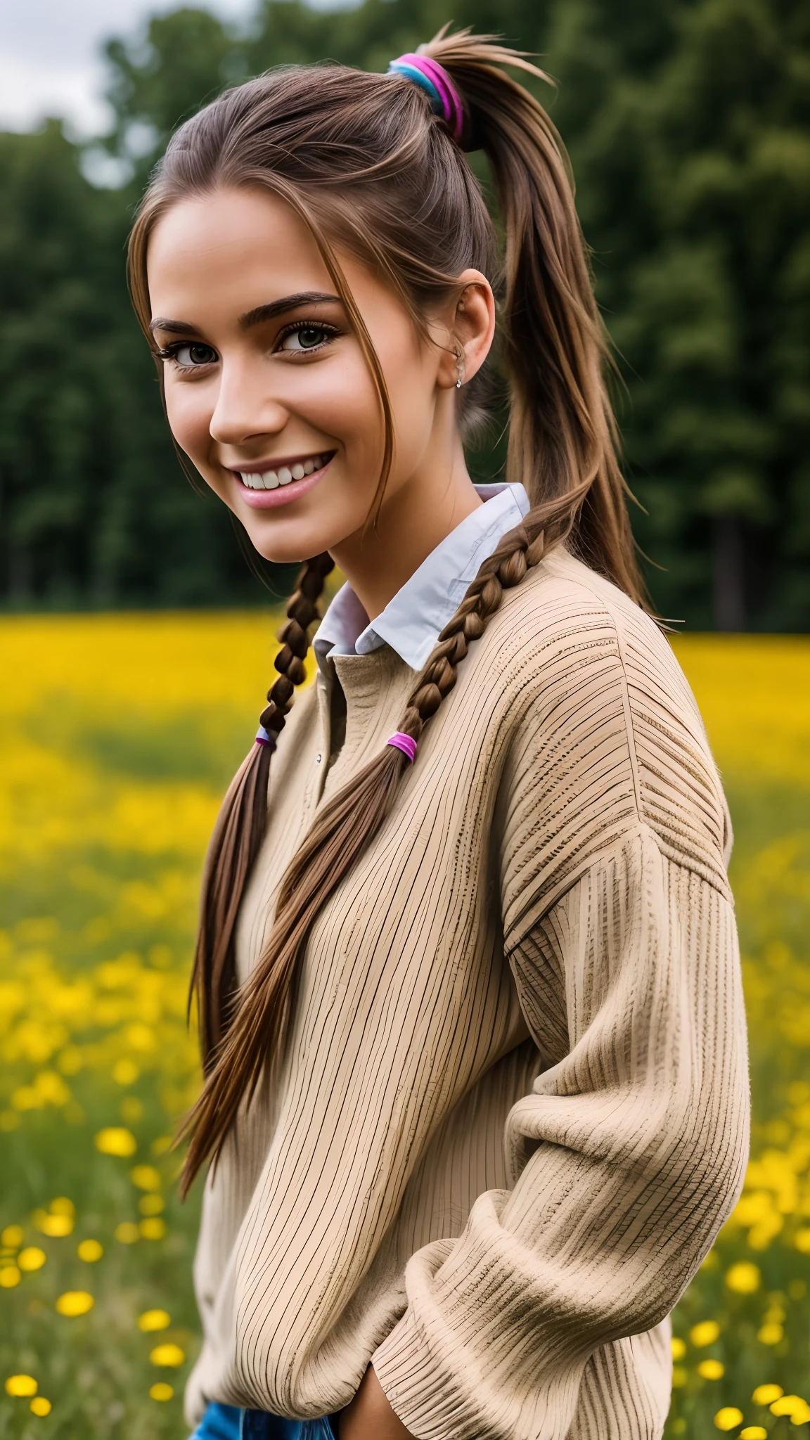 Hyper realistic and detailed full body photo of one (brown hair with a ponytail) young smiling beautiful woman wearing a modern trendy colorful casual outfit. Meadow. perfect eyes, (Eye makeup:1.1), (highly detailed skin:1.1), RAW, analog style, sharp focus, 8k UHD, DSLR, high quality, Fujifilm XT3, grain, award winning, masterpiece.