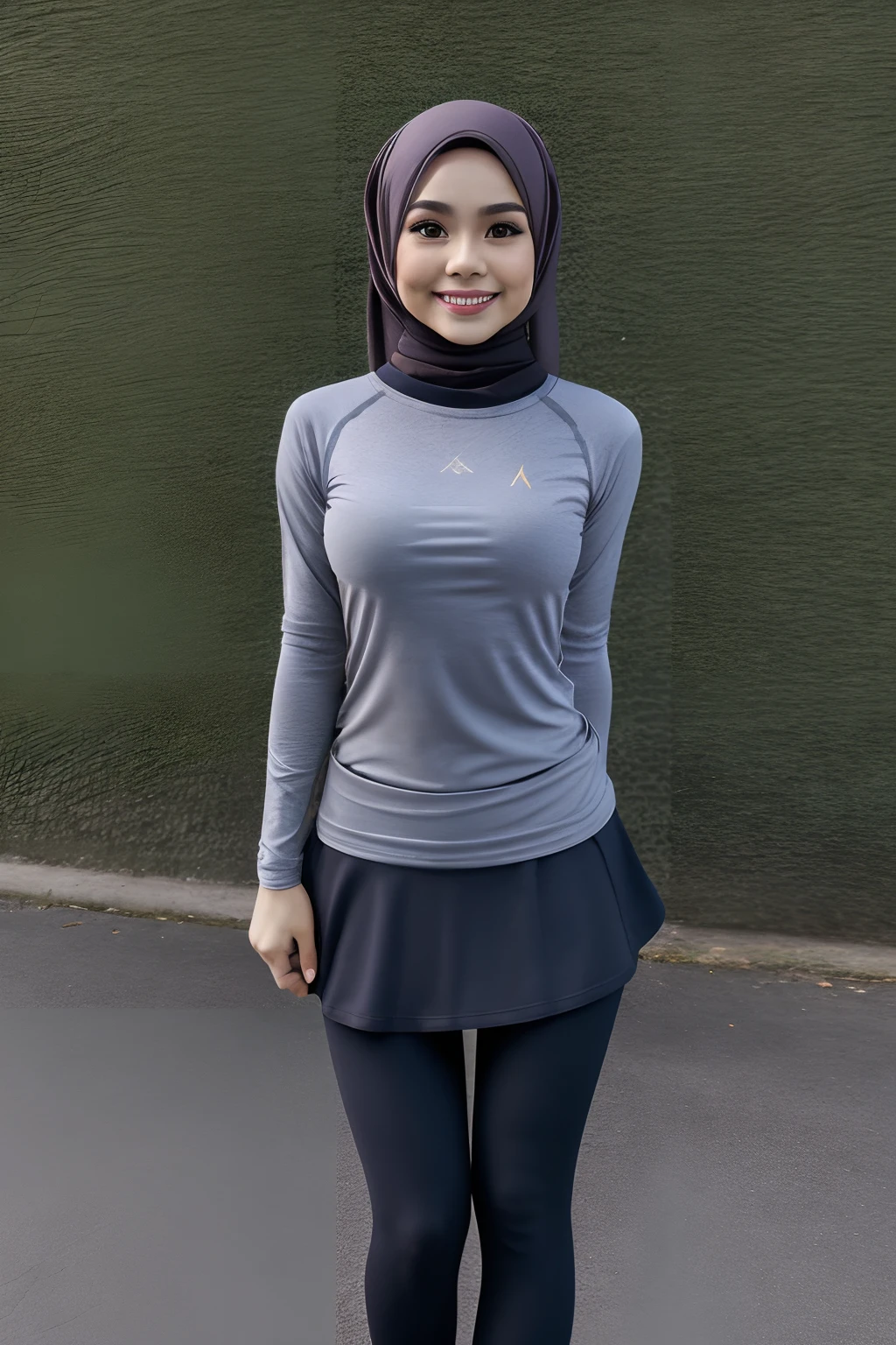 Portrait photography of a beautiful young malay girl in hijab wearing tight long sleeve tshirt and short skirt with leggings celebrate birthday