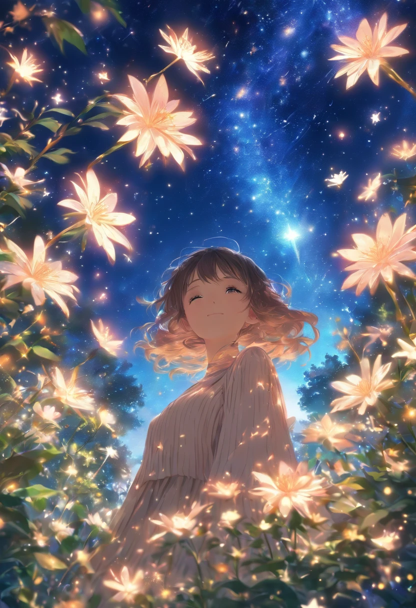 (best quality, high resolution, distinct image:1.2), detailed garden scene, beautiful girl in a flowery garden, starry sky