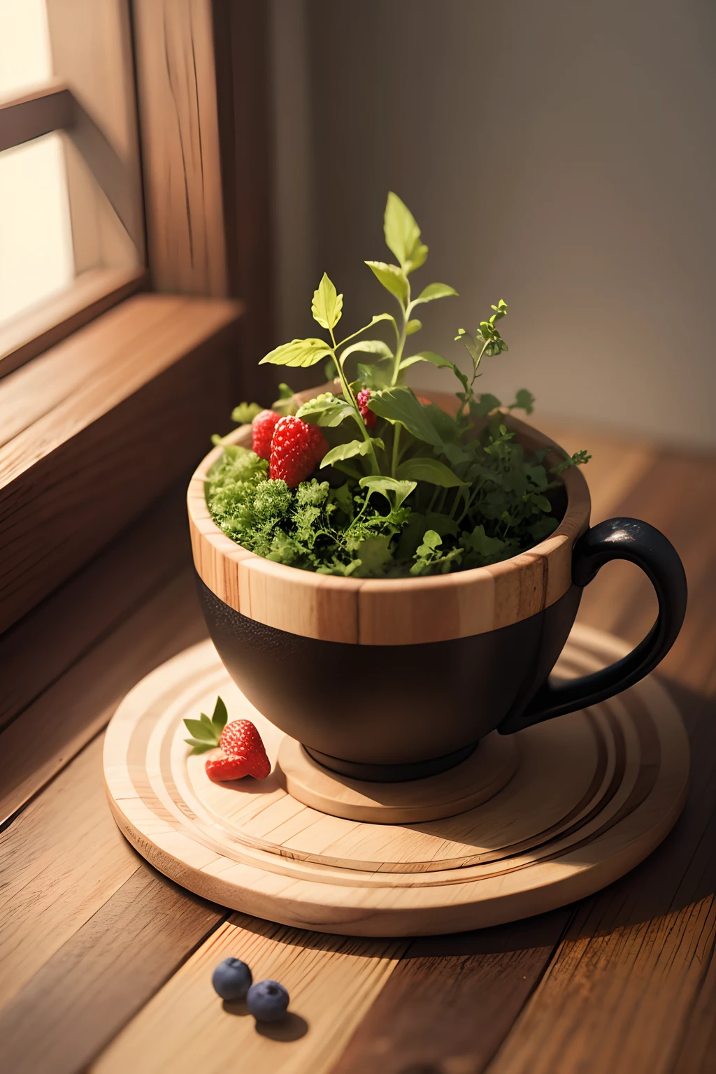 There are herbs on a wooden table, Cup, Berries