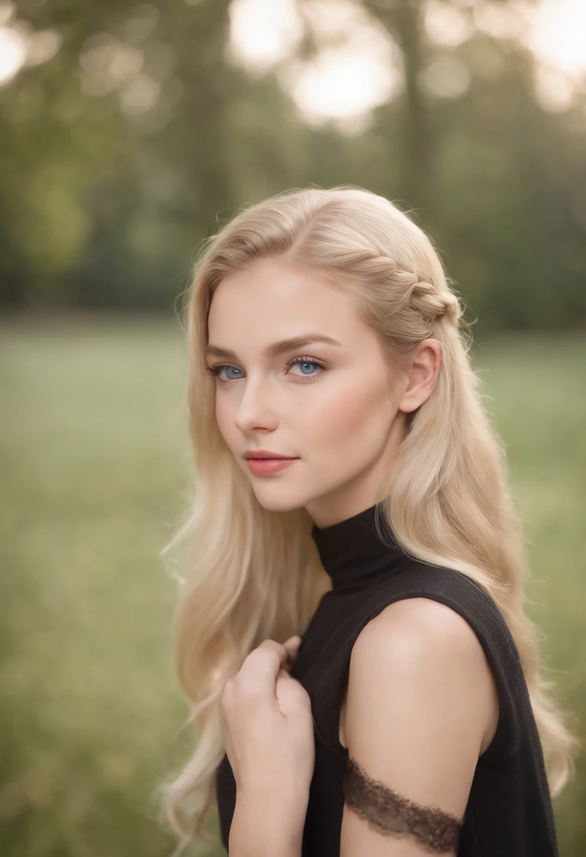 Young beautiful blonde with long hair standing at full height, with blue eyes, On the one hand, the hair is gathered in a ponytail, and on the other hand, in a pigtail;, looks straight, attractive facial features, looks like a live girl, Age 22 years, young girl, She is dressed in a black dress and black tights