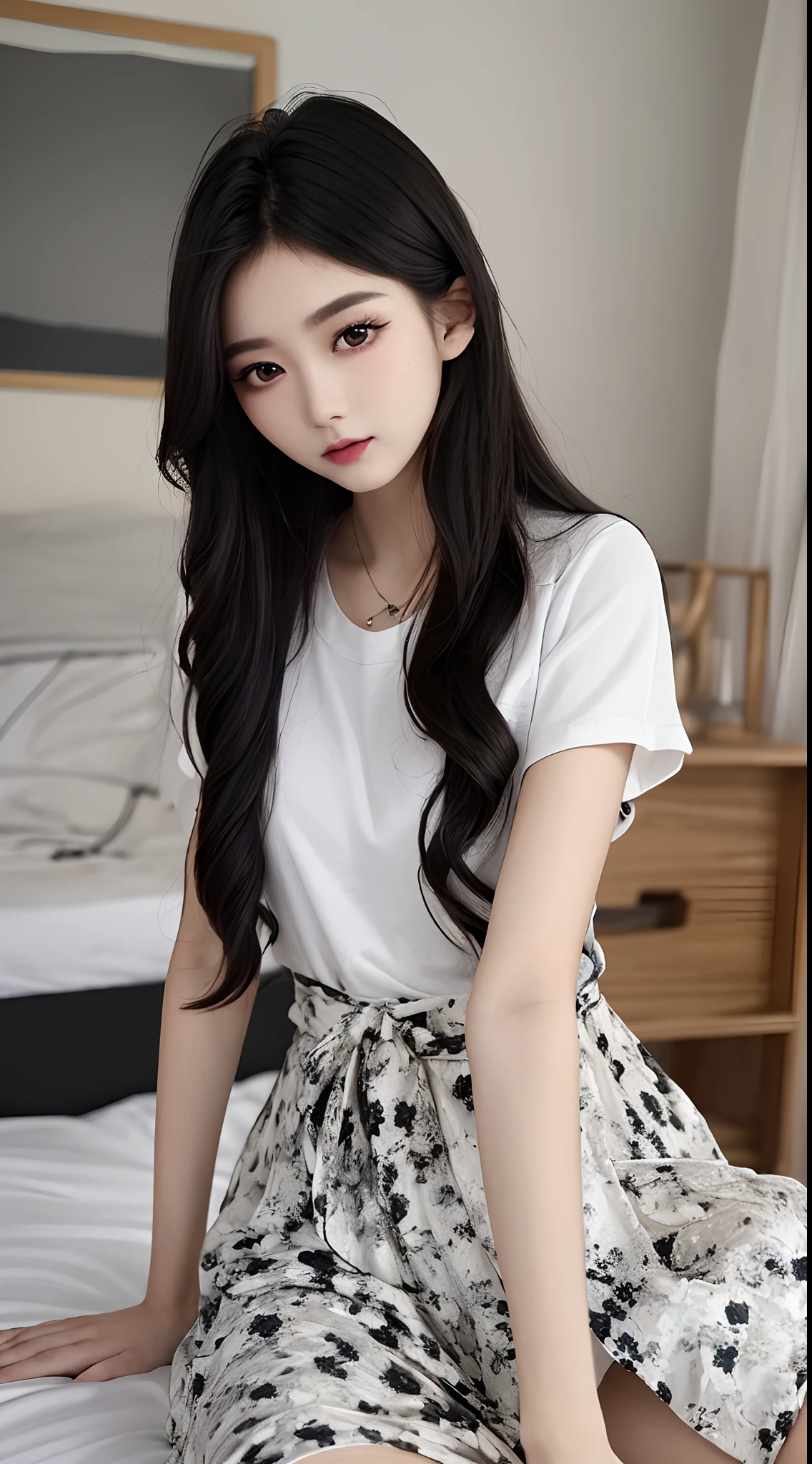 masterpiece、top-quality)、1 beutiful girl、A smile、Slim body、(Black and white plain clothes:1.1)、(Detailed beautiful eyes)、Photo session in the bedroom、in a house、((Black long-haired))、a small face、tall、((Light brown eyes))、((Korean Girl))、((cool lady))、((cool expression))、((Korean Makeup))、((glare at viewer))、((Smaller eyes))