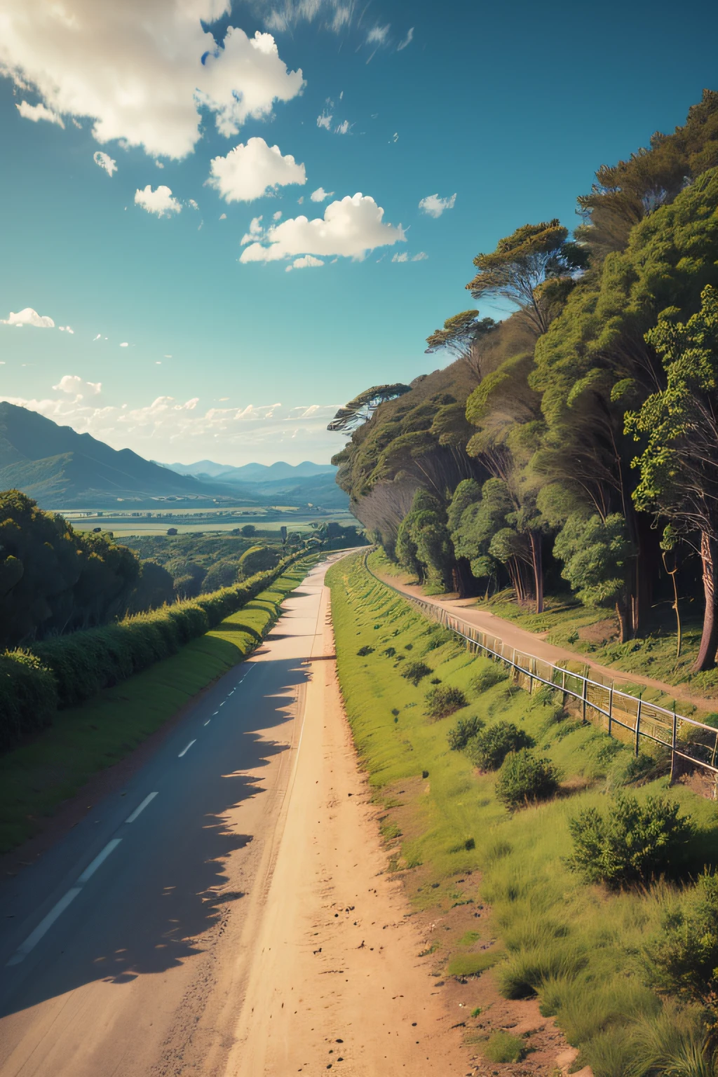 estrada de terra sinuosa longa, final de tarde, with small trees on the sides.