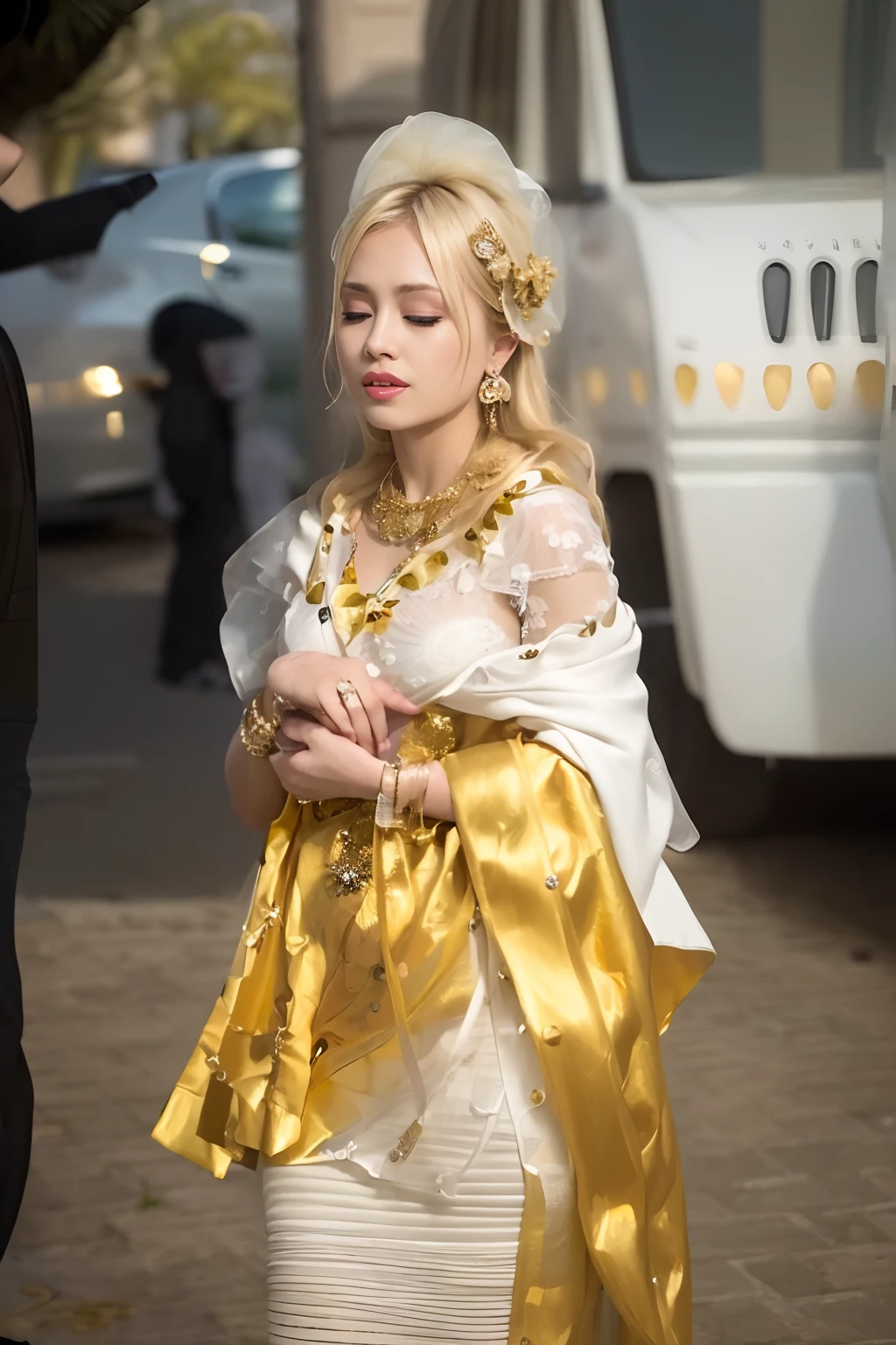 ((Masterpiece)), ((Best Quality)), 8K, HD, Super Detail, (White dress studded with yellow gold rims), (Golden hair shawl scattered), (Expression closed eyes) (Sleeping in a car 1.6) (Full Body Display 1.4) The artwork is a masterpiece, with the best quality and super detail, captured in 8K HD. Photographic realistic, realistic, very detailed illustrations realistic, octane rendering