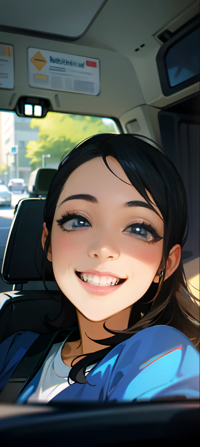 smiling woman in a car with a window open, smiling and looking directly, very slightly smiling, she is smiling and happy, she is smiling and excited, alanis guillen, 3 0 years old woman, 30 years old woman, she is smiling, happily smiling at the camera, selfie of a young woman, slightly smiling, beautiful and smiling, almost smiling, detalle extremo en los ojos