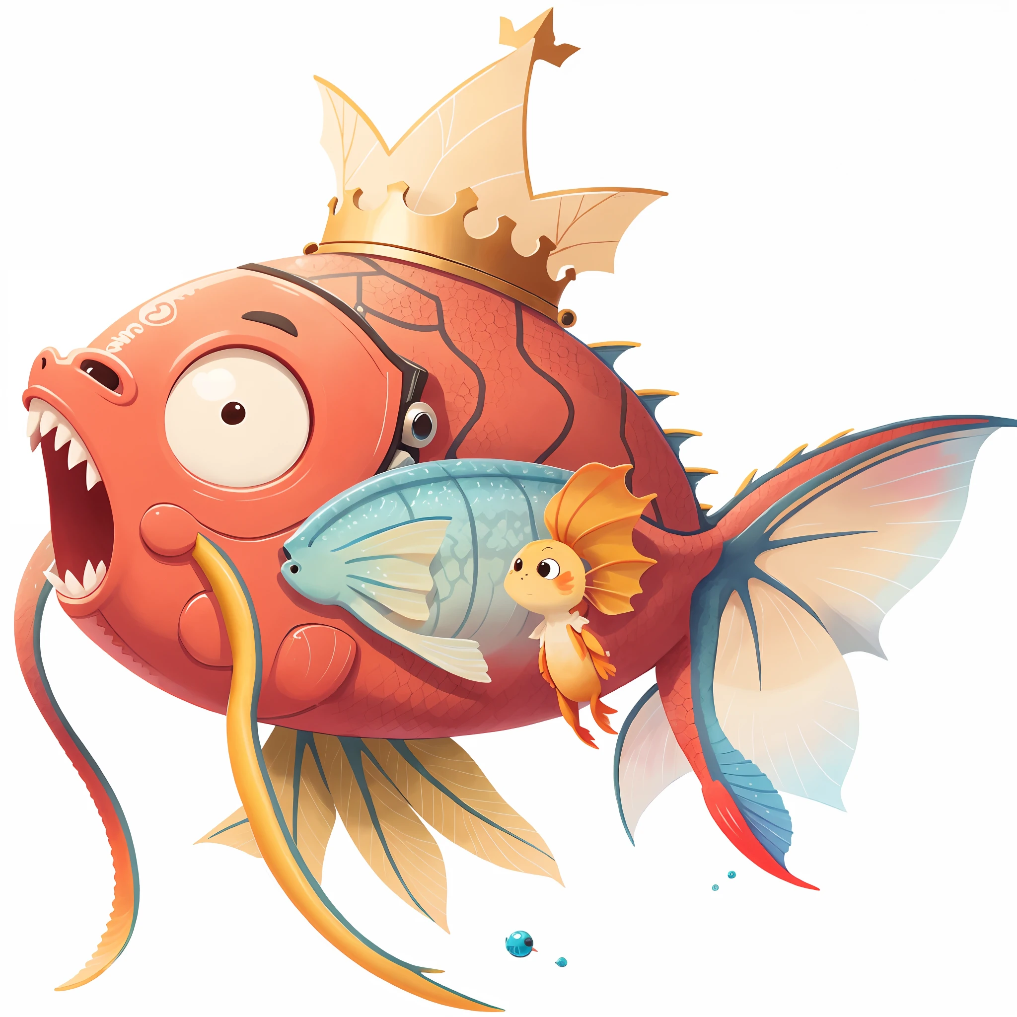 cartoon fish with a crown, fish gills, dragon whiskes, robotic, anthropomorphic warrior fish, ammor fish, danbooru, flying fish, koi, metal gold fin,🚿🗝📝, あかさたなは on twitter, uwu, by Awataguchi Takamitsu, (((high quality)))