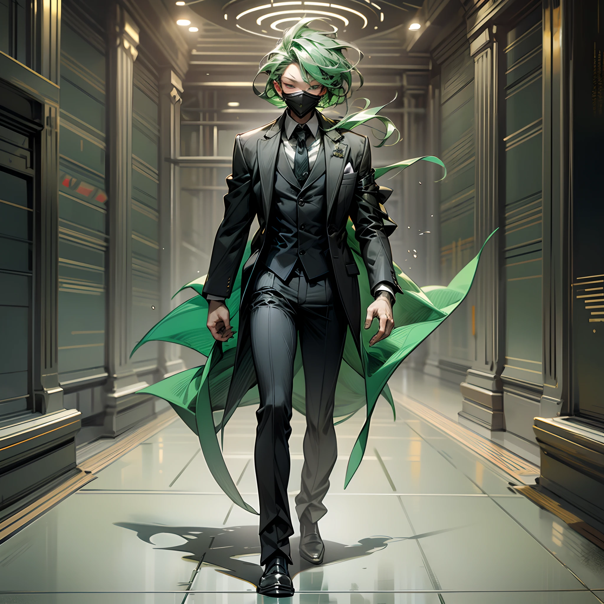 air purifier mask, green hair, formal suit, digital art, full body --auto --s2