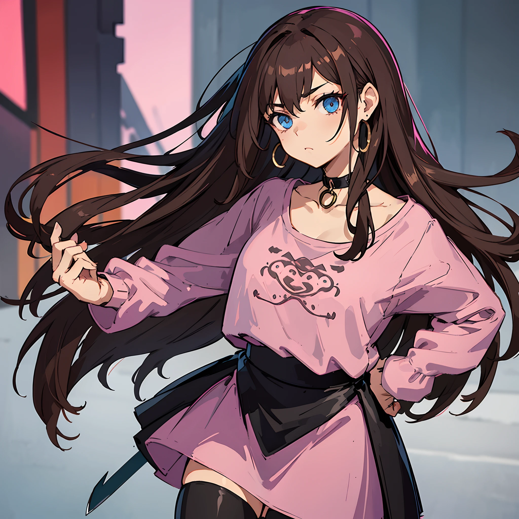 Solo1, body complet, illustartion, (tmasterpiece), (beste-Qualit), (ultra_detailing), finely detail, (Depth of field), Long_hairsh,Brown hair,pink keychain on the head,pink earrings,pink eye shadow, looks at the viewer, Brown_hairsh:1.2, Blue_eyes, darkest_Circles_under_eyes, upper-body, Loose pink t-shirt,Choker,black jacket on top Black skirt,black stockings,tired face,Knife in hand