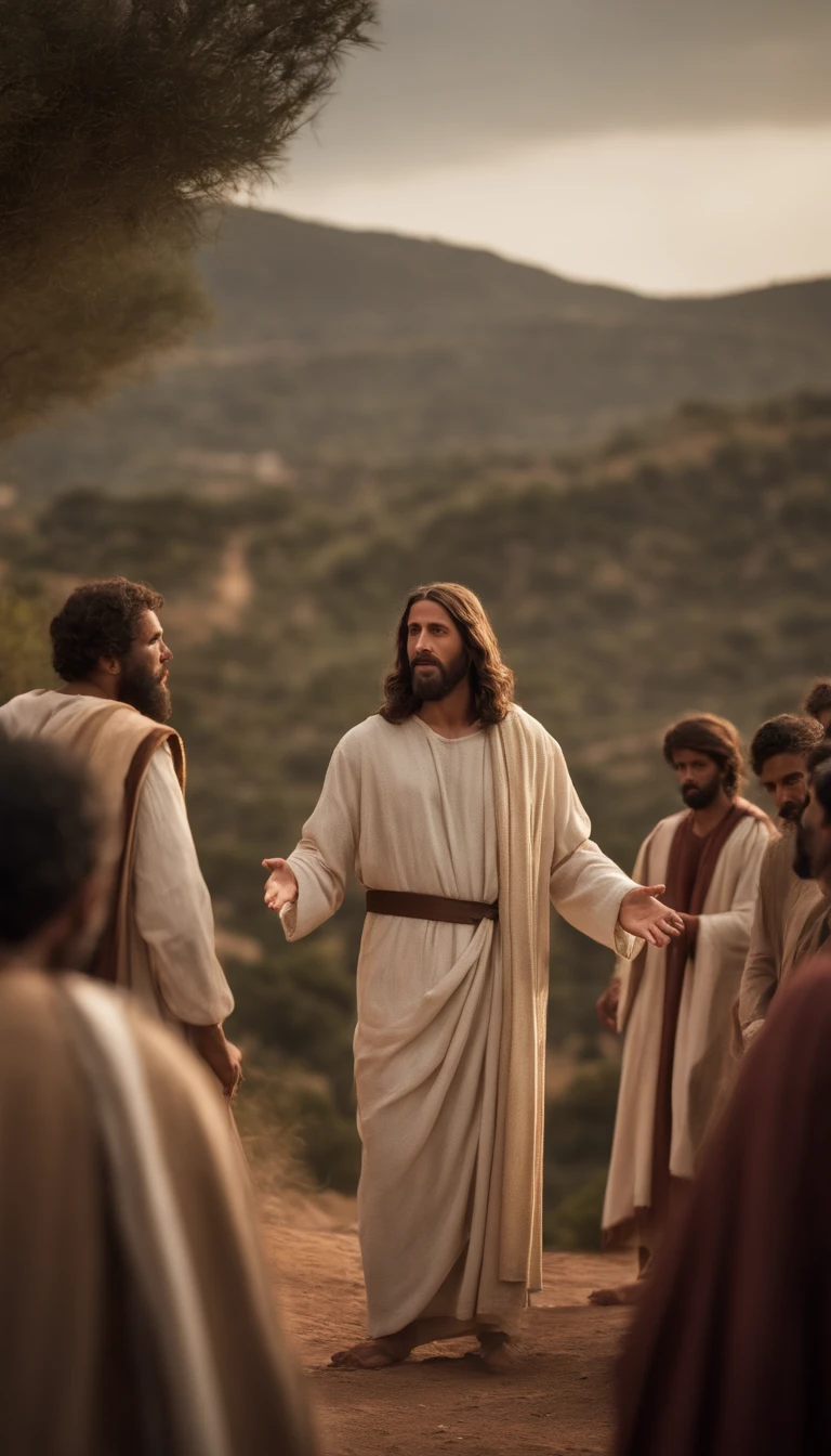 Jesus preaching to the disciples, Jesus Standing, discipulos sentados, no monte das oliveiras