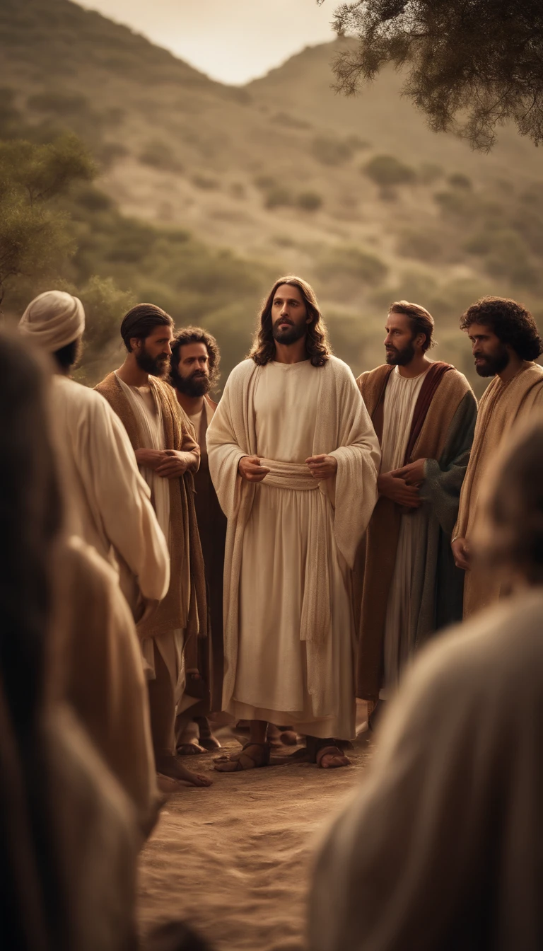 Jesus preaching to the disciples, Jesus Standing, discipulos sentados, no monte das oliveiras