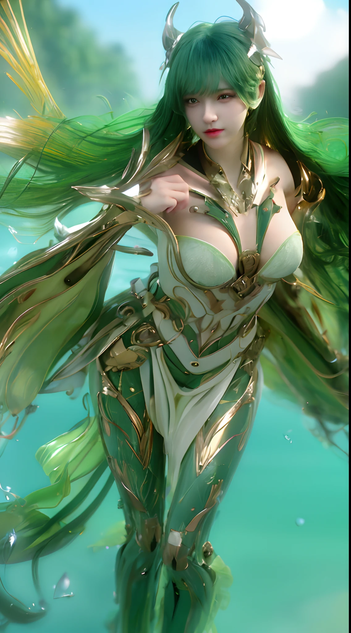 (A complex green-haired woman,Mecha joints and wing radiation, Quiet and dignified, Standing in the water), High-res, Ultra-detailed, Realistic, Vibrant colors, Bokeh, Studio lighting.