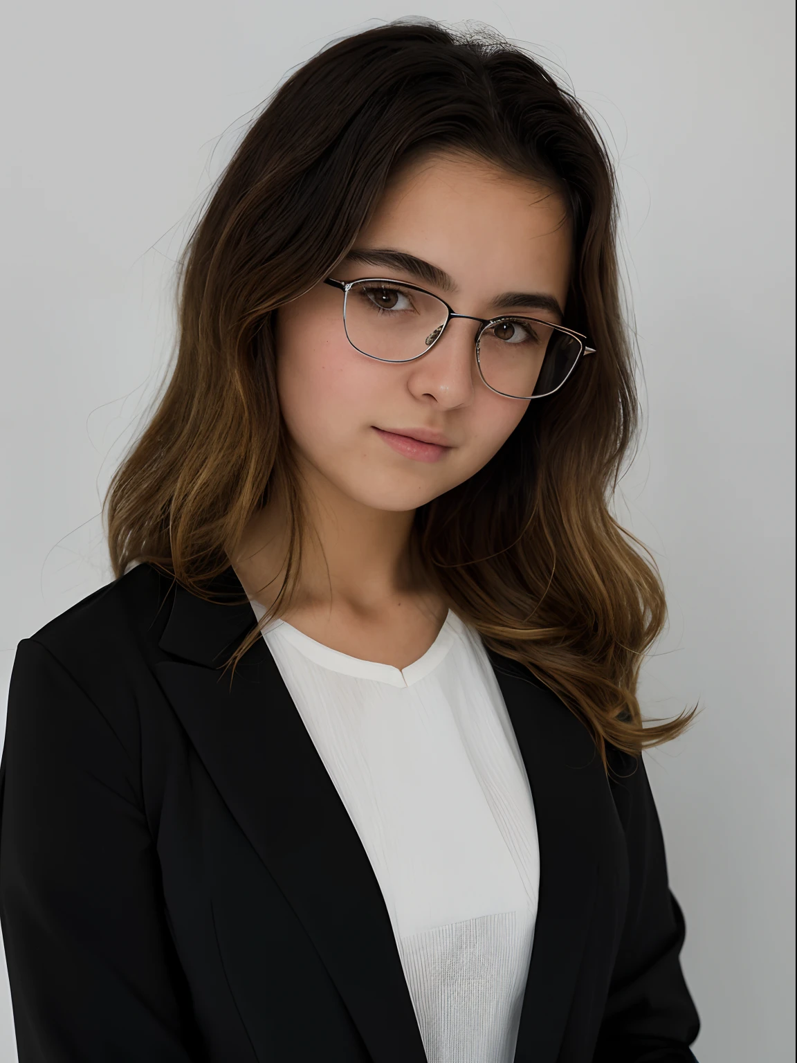 Realistic photo of an 11-year-old girl of European appearance, Thick, slightly curly brown hair below the shoulder blades;, Big shiny brown eyes, long eyelashes, eyeglasses, thick eyebrows, Serious, хмурая, A bored look, looks at the camera from under his eyebrows(a slight tilt of the head forward and down), In the look you can read the desire to leave here; white long-sleeved shirt, black jacket; Without cosmetics; Straight posture, Direct view(full face); Professional studio photography with a film SLR camera("Zorkiy-4"), (passport photo), hight resolution, detailed skin texture, natural lightin, 8K, Texture of the photo card