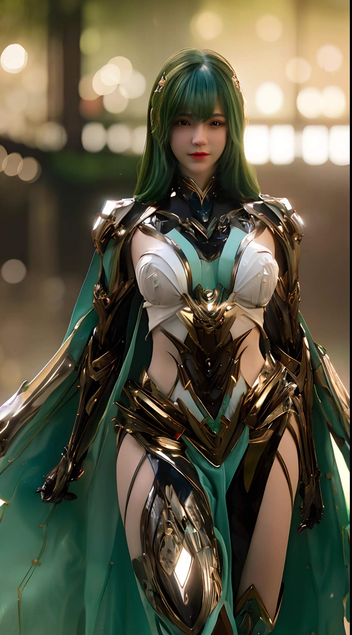 (A complex green-haired woman，Mecha joints and wing radiation, Quiet and dignified, Standing in the water), High-res, Ultra-detailed, Realistic, Vibrant colors, Bokeh, Studio lighting.