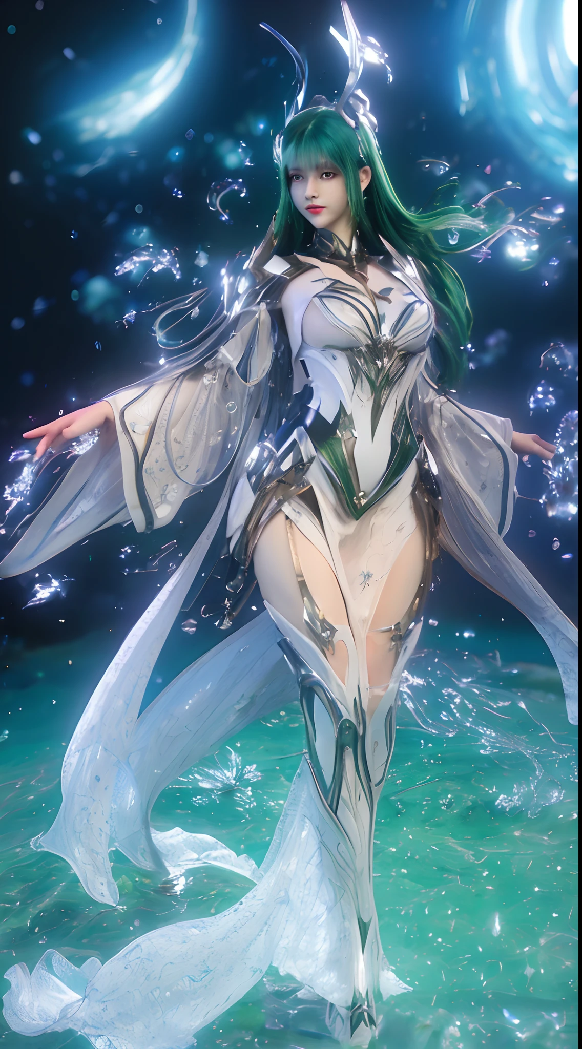 (A complex green-haired woman,Mecha joints and wing radiation, Quiet and dignified, Standing in the water), High-res, Ultra-detailed, Realistic, Vibrant colors, Bokeh, Studio lighting.