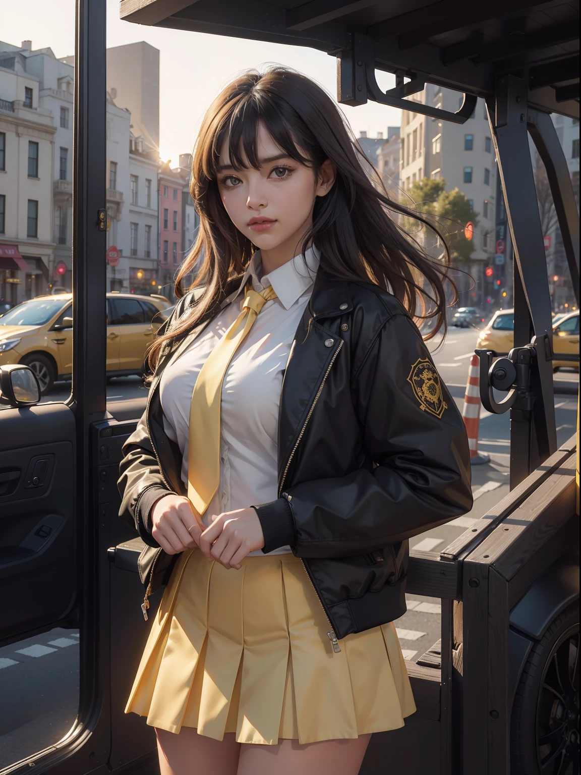 1girl, intricate detail, masterpiece, best quality, extremly detailed,cinematic lighting, beautiful detailed glow, finely detailed beautiful face and eyes, 8k, dark intense shadows, yellow eyes, medium hair, black hair, bangs, floating hair, black jacket, open jacket, white shirt, expressionless, yellow necktie, black skirt, spotlight, sunshine, sunrise, gradient sky, city, lens flare, cowboy shot, [[curvy]], [mature female]