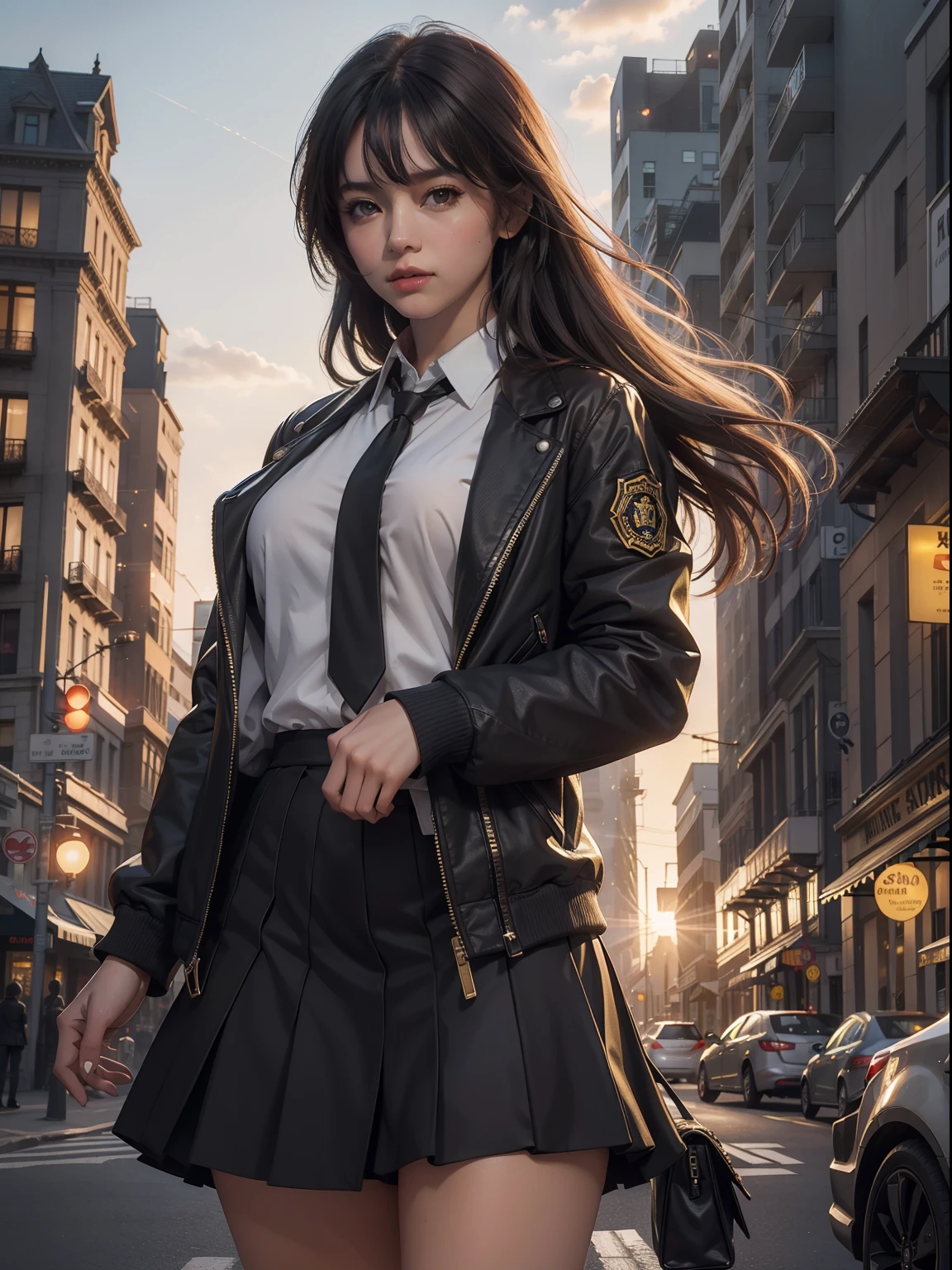 1girl, intricate detail, masterpiece, best quality, extremly detailed,cinematic lighting, beautiful detailed glow, finely detailed beautiful face and eyes, 8k, dark intense shadows, yellow eyes, medium hair, black hair, bangs, floating hair, black jacket, open jacket, white shirt, expressionless, yellow necktie, black skirt, spotlight, sunshine, sunrise, gradient sky, city, lens flare, cowboy shot, [[curvy]], [mature female]
