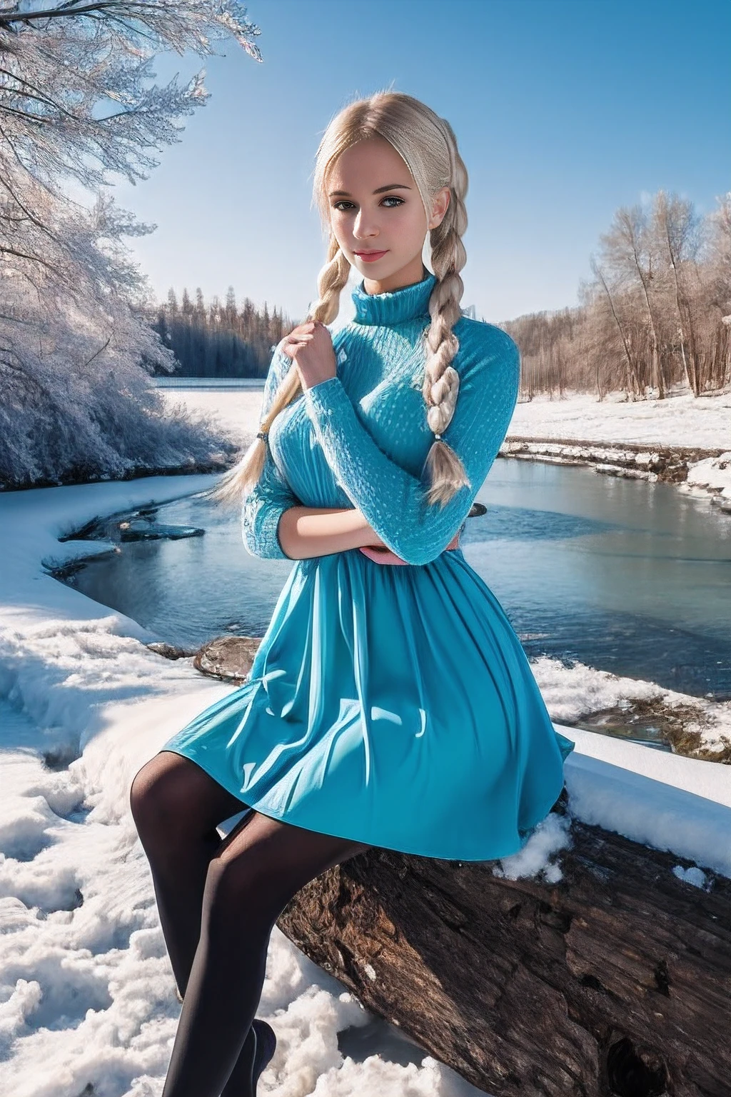 blonde woman, full-length dress above knee level, black tights, Cyan eyes, The hair is gathered in a pigtail on one side and in a ponytail on the other, Realistic appearance, Russian, 22 years old, very attractive, Young, fine facial traits, sitting in nature against the backdrop of a winter landscape, Frozen River, trees with snow on the branches