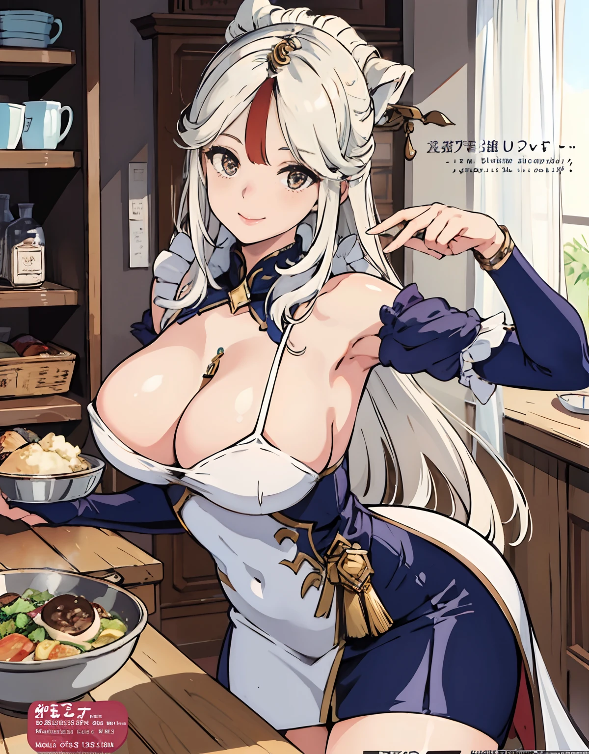 (Best Quality, Masterpiece),sexy mommy, Front cover of a women's cooking magazine, erotic, 18+, nsfw, 1girl, 30 years old, stunning, cute, smile, hourglass figure, Maid costume, beautiful food, text, diagrams, advertisements, magazine title, long white hair,brown detailed sparkling eyes,One strand of hair hangs down over his forehead