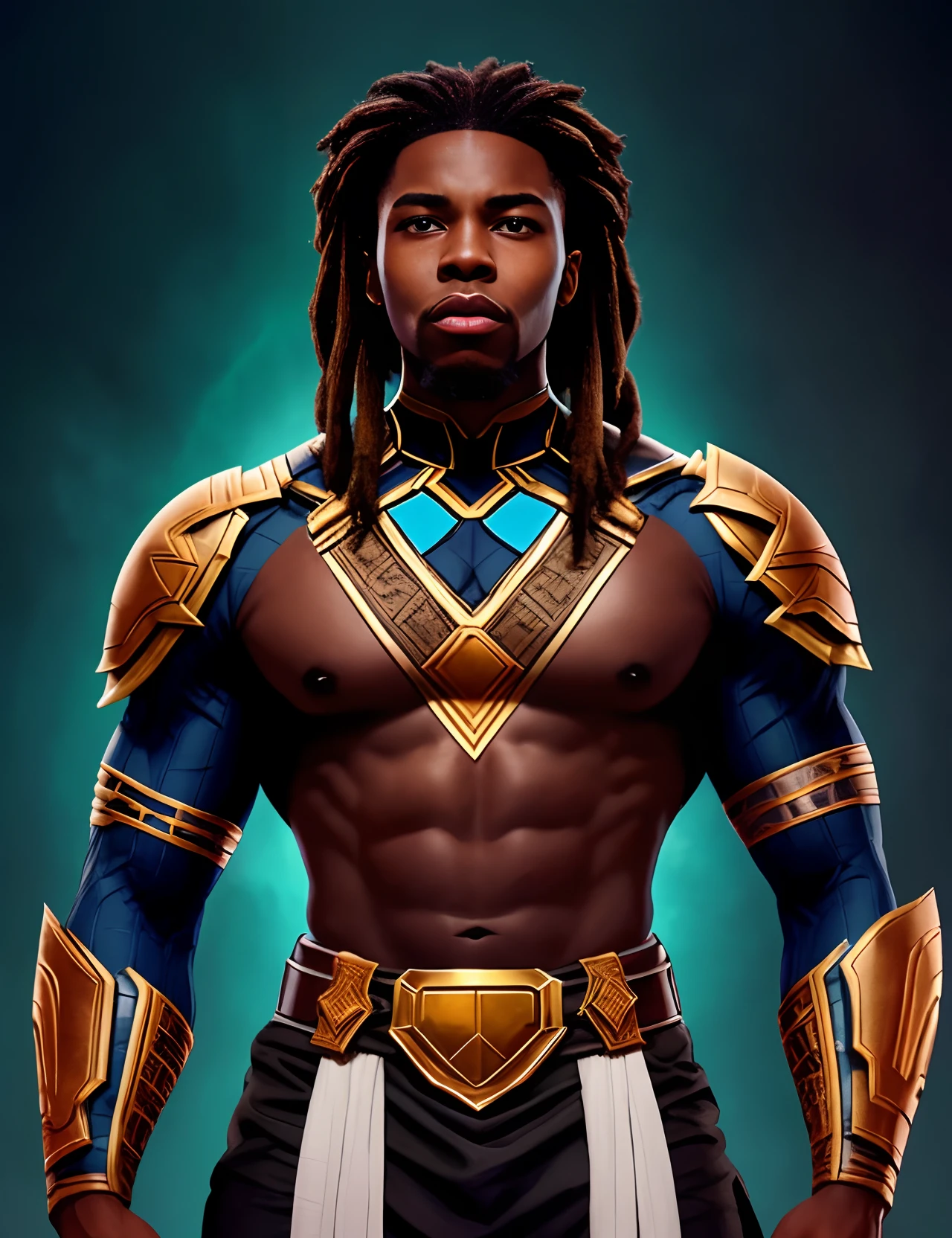 a black man, with an athletic body, with a goatee, shoulder-length dreadlocks, black hair with white tips, in his 30s, dressed like a very powerful African warrior God, neon blue eyes with a strong light, background in a Wakanda-like country, realistic image.