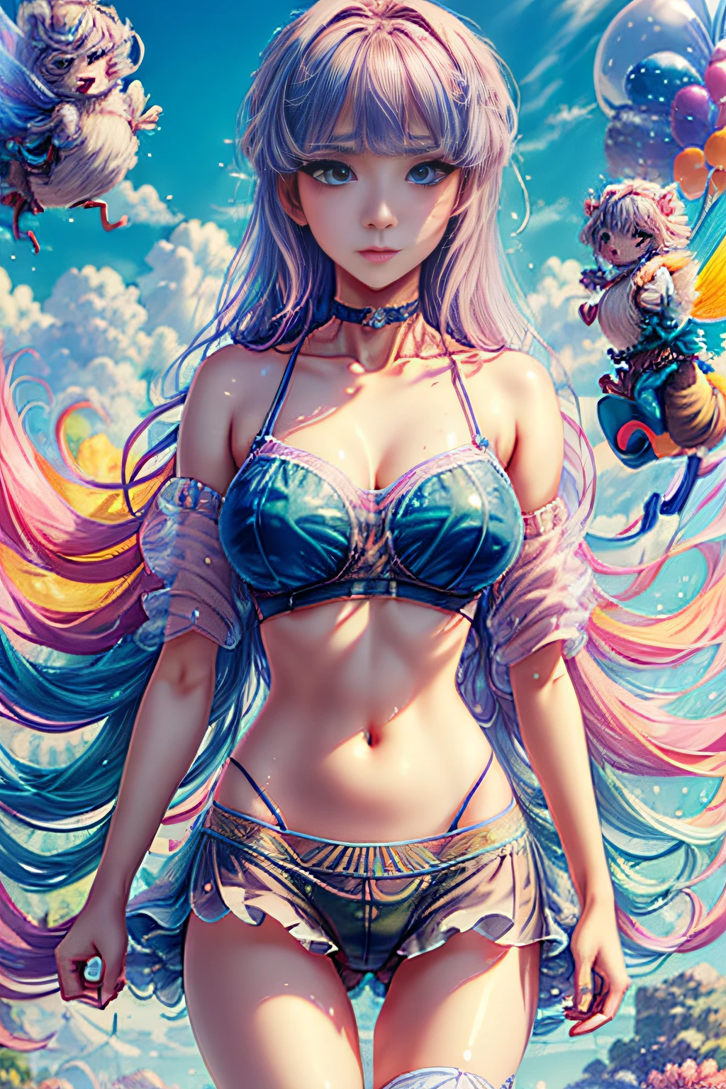 cute women, tanned skin, watercolor, freckels, anime style, messy hair, mini skirt, full body, tank top, soft colors, sparkels, glossy skin, anime style, very thin lines, handy lines, rough shading, line art, rugged, big eyes, reflective eyes, perfects eyes, glowing eyes, anime style, intricate detailed, fantasy, concept art, digital art, intricate, oil on canvas, masterpiece, expert, insanely detailed, 4k resolution, fairy tale illustration, fantasy