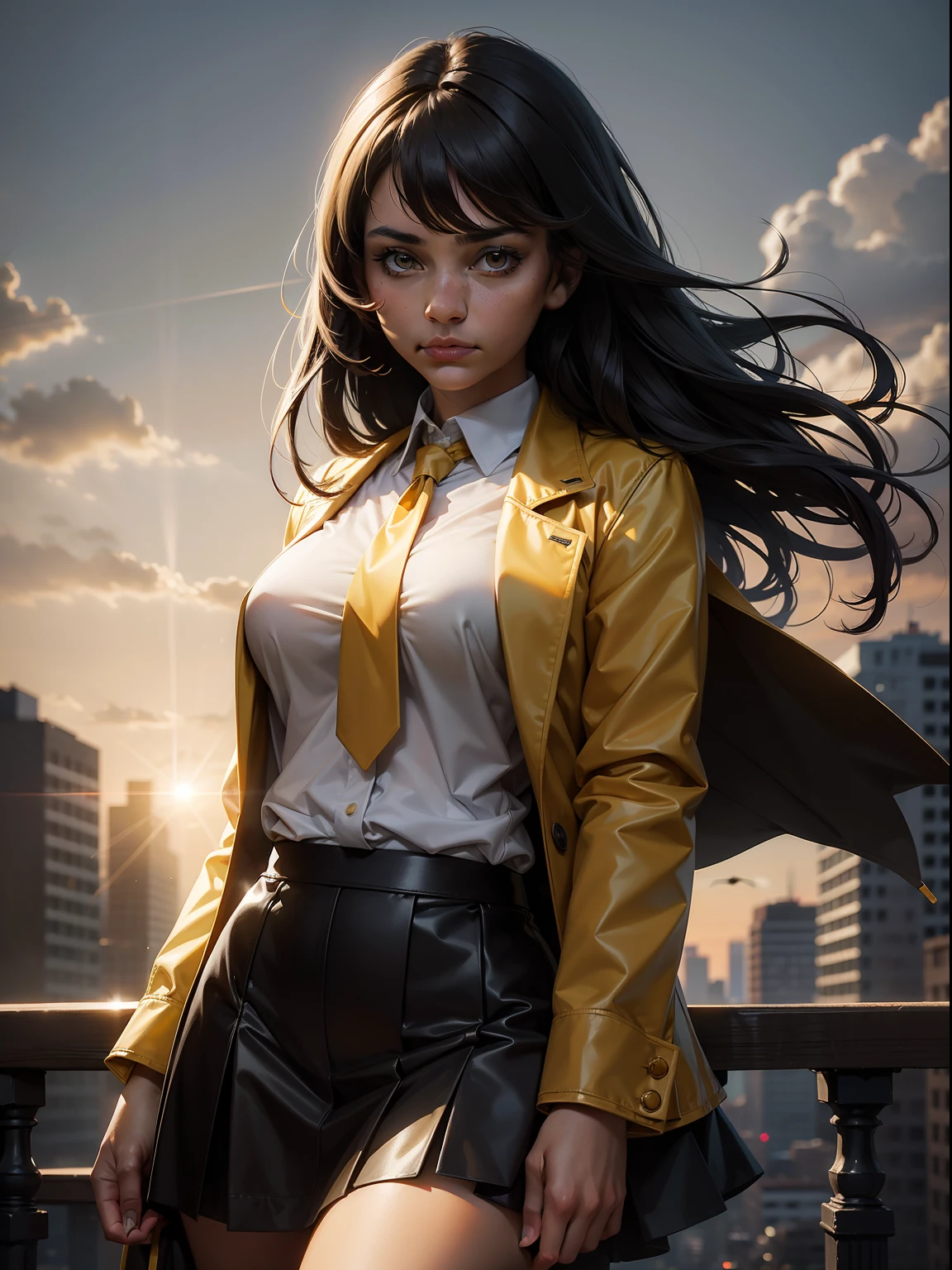 ((nsfw)),1girl, intricate detail, masterpiece, best quality, extremly detailed,cinematic lighting, beautiful detailed glow, finely detailed beautiful face and eyes, 8k, dark intense shadows, yellow eyes, medium hair, black hair, bangs, floating hair, black jacket, open jacket, white shirt, expressionless, yellow necktie, black skirt, spotlight, sunshine, sunrise, gradient sky, city, lens flare, cowboy shot, [[curvy]], [mature female]