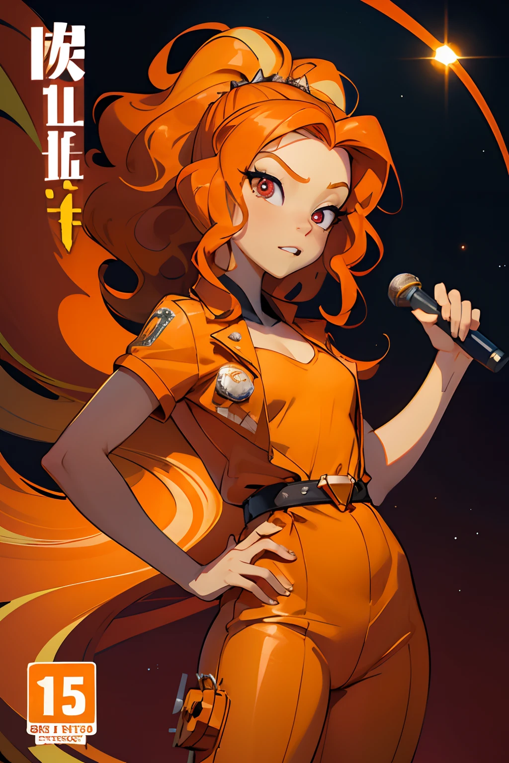 Adagio Dazzling, orange hair, Curly, Orange Prisoner's Jumpsuit, portraite of a, mouth open, On the cover of a music album, lettering "DAZZLING"