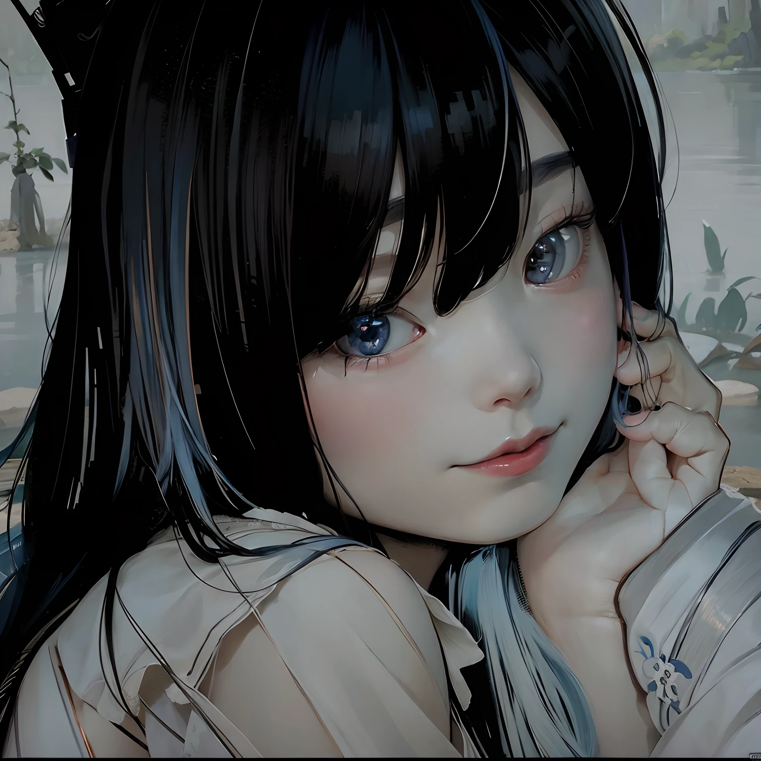 Masterpiece, Best Quality, Official Art, 8k Wallpaper, Very Detailed, Illustration, 1 Girl, Sky Blue Hair, Long Hair, Detailed Eyes, Forrest Gump, Bare Shoulders, Hanfu, Lake, Pure, Soft Smile, bamboo, tea