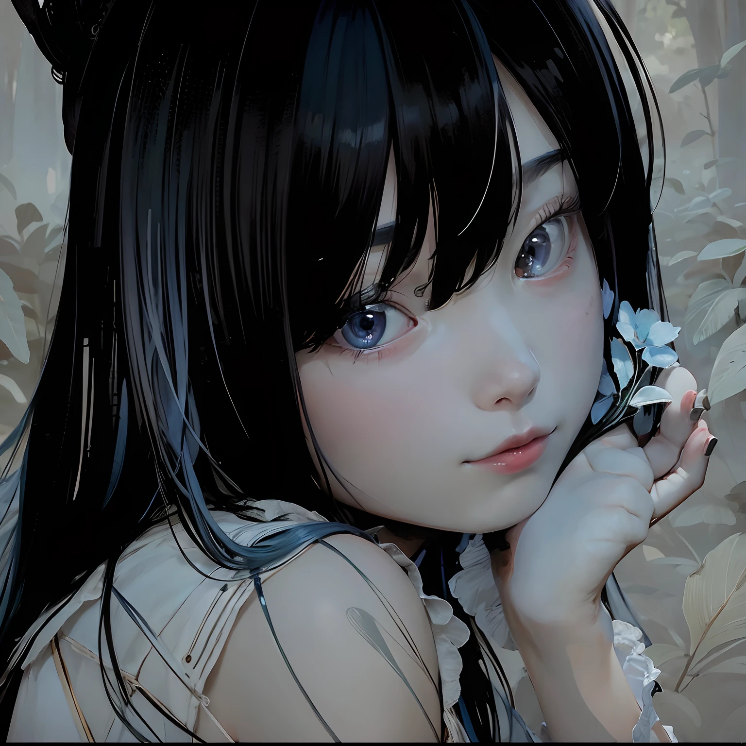 Masterpiece, Best Quality, Official Art, 8k Wallpaper, Very Detailed, Illustration, 1 Girl, Sky Blue Hair, Long Hair, Detailed Eyes, Forrest Gump, Bare Shoulders, Hanfu, Lake, Pure, Soft Smile, bamboo, tea