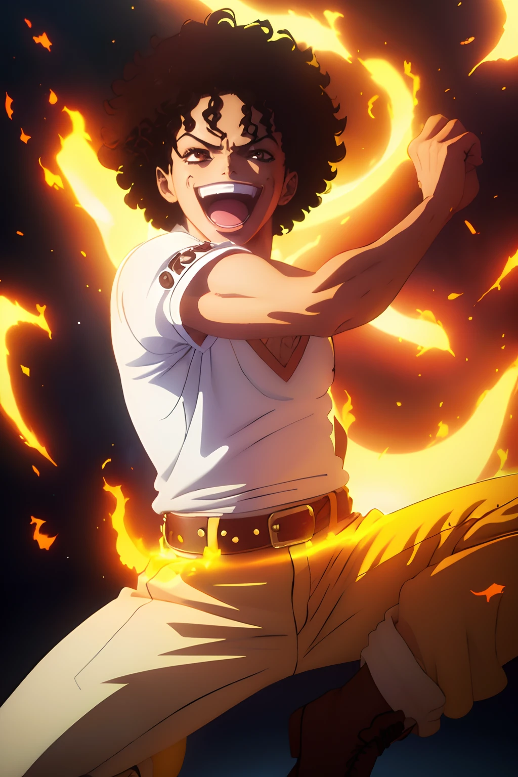 1boy,happy,curly hair like Michael Jackson:1.1,flame power,white shirt,brown trousers,black boots,one piece style,cool crew,good looking guy,(best quality:1.2),ultra-detailed,realistic:1.37,portraits,vivid colors,warm color tones,stunning lighting effects, cheerful, happy boy