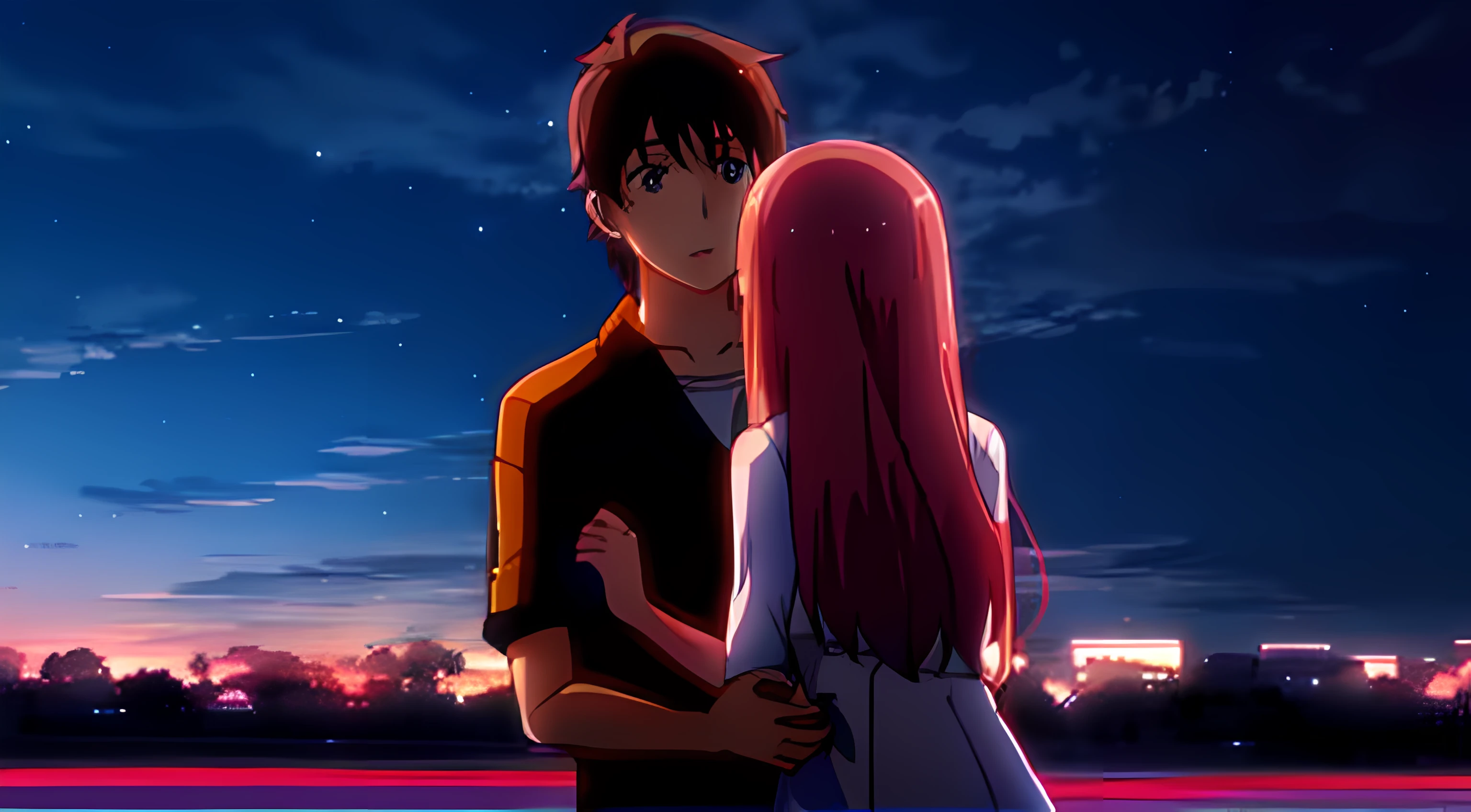 Anime couple embracing in front of a city at night, Fotograma de anime de TV, official anime still, high quality anime movie still, Screenshot of anime movie, In anime movie, today's featured anime still, Imagen del anime Sankakucomplex, anime movie still, Imagen fija de anime, Fotograma del anime, Scene from the anime film, Screenshot of anime movie, Captura de pantalla de Guro Anime
