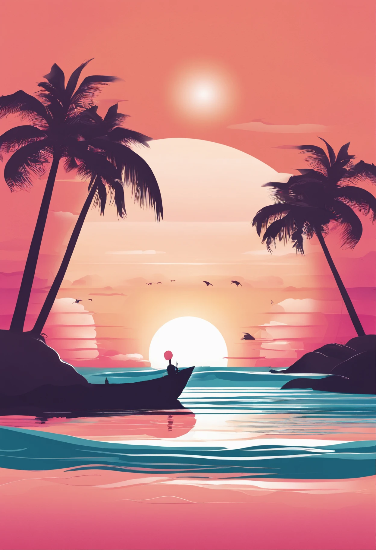 sun,fishermen,sailboat,beautiful sunset,ocean waves,warm colors,soft light,tranquil atmosphere,serene reflection,beach,calm water,gentle breeze,sand,peaceful horizon,beside the sea,nature's beauty,harmony,sun rays,distinctive silhouettes,seagulls flying,rippling water,tropical paradise,vivid shades of orange and pink,luminous sky,lush palm trees,relaxation [The sun on the background of the sea]