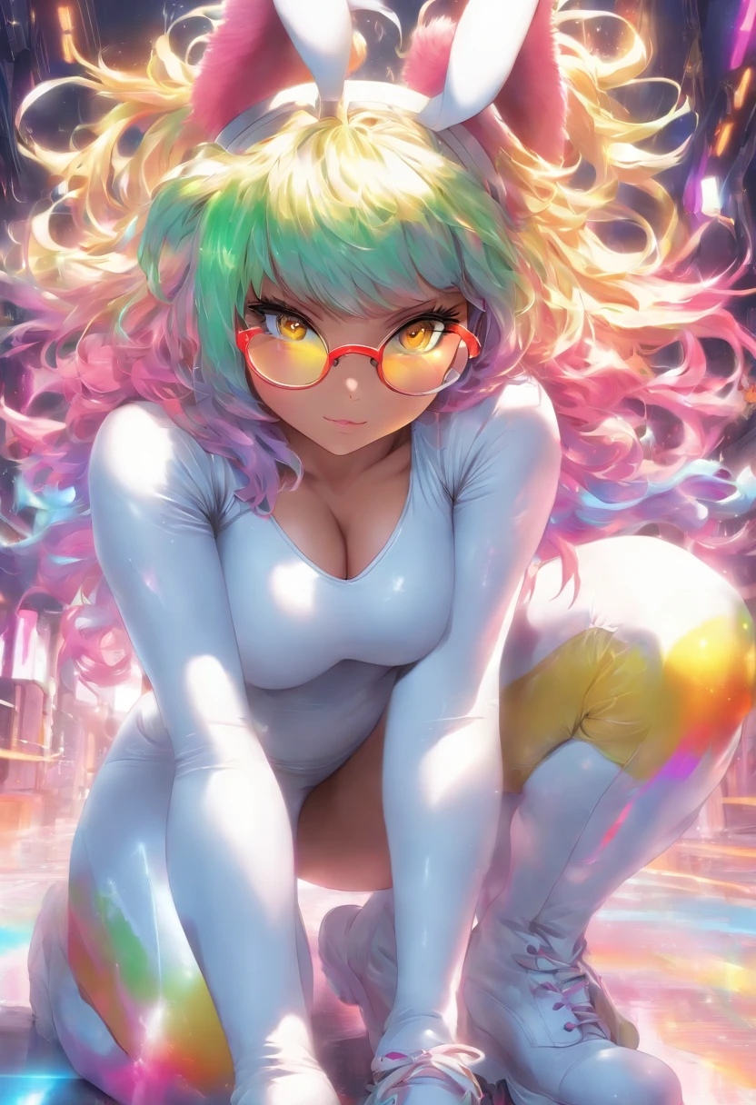 The most beautiful and sexy bunny girl, busty, rainbow colored hair, yellow eyes, wearing glasses, wearing highly detailed white leather outfit and white leather boots, perfect masterpiece, high quality, high resolution