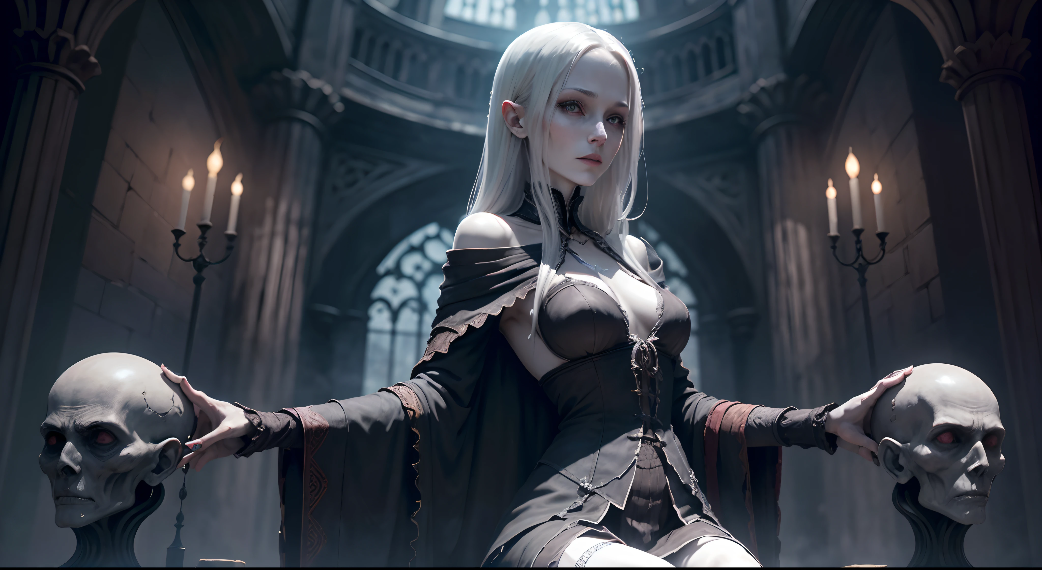 sorceress, very pale, emaciated, folle, assise sur un cercueil, crossing legs, Robe noire, highly detailed, highly quality, high-definition