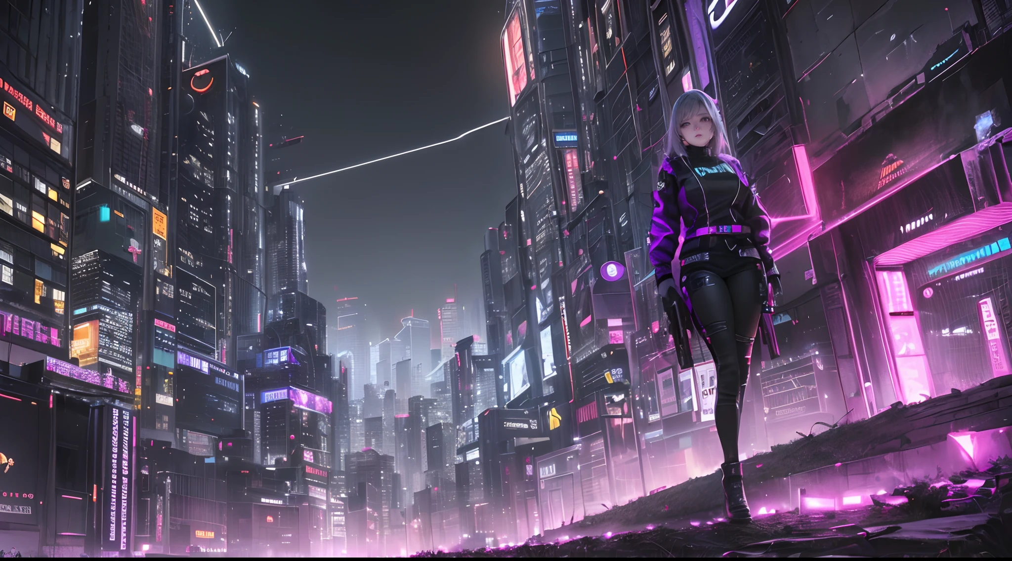 (((masterpiece))), (((best quality))), ((ultra-detailed)), (highly detailed CG illustration), ((an extremely delicate and beautiful)),A cyberpunk girl on a sky-flying motorbike, flying through the air., (long shot), Unreal engine, In space, looking at cyberpunk city, neon colors, cyberpunk space ships, ((grey hair)), (green eyes), dark night time, center composition, symmetrical composition, ((dark night:1.5)), dark neon, ((dark night:1.7)), extremely detailed, ((long shot)),((pitch black all around:1.7)), (dark puple:1.7),neon purple city