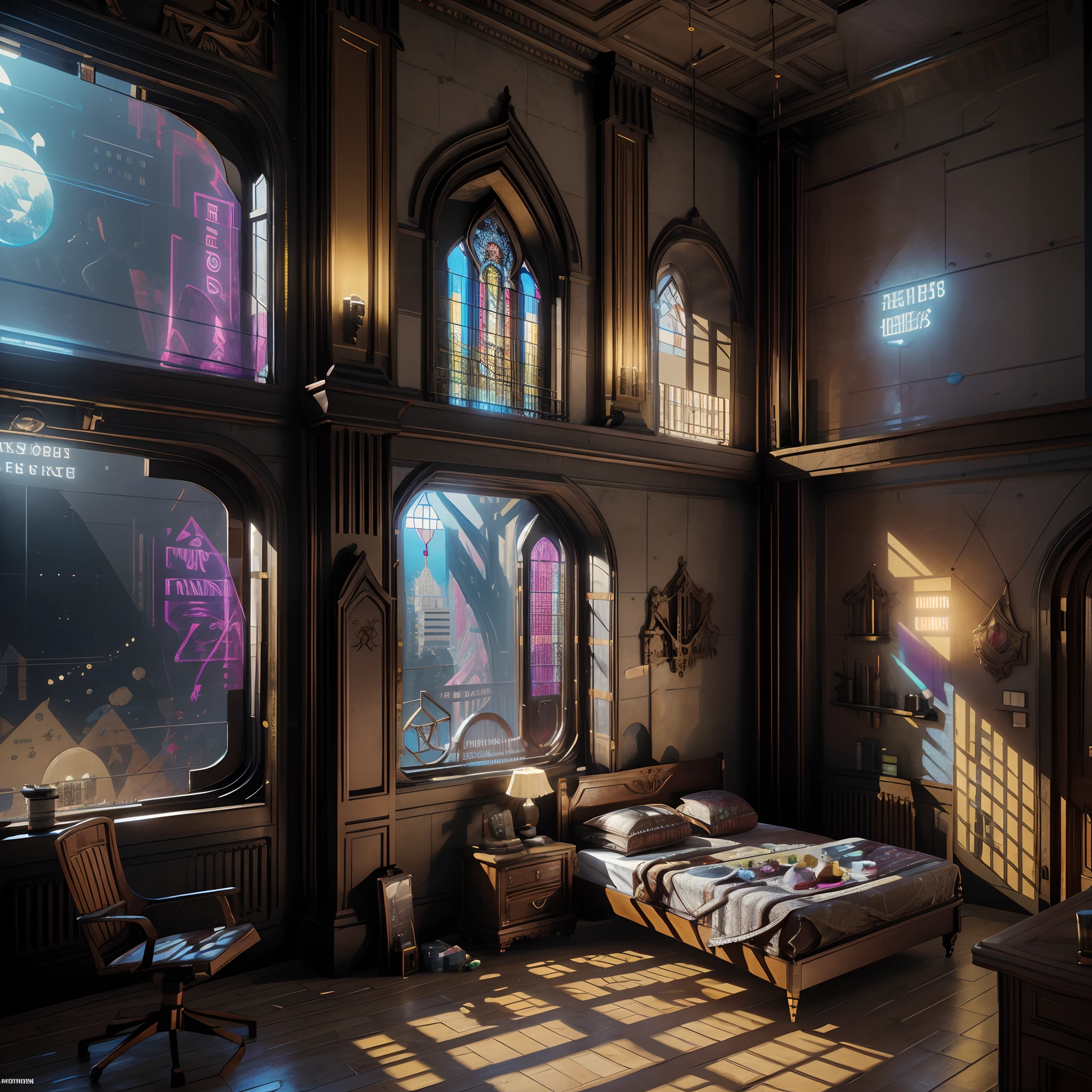 (((Generate an ornate bedroom in the style of Versailles with a big historical window.))) A hyperrealistic cyberpunk dreamscape cityscape is in the window. The cityscape is extremely detailed with many lights and LED neon colors and buildings of many different sizes. The cityscape has all colors of the rainbow and has hires interesting flying steampunk dirigibles. ((The cityscape is colorful.)) A giant steampunk standalone clock is seen ((through the window)). It is peaceful in the bedroom. The entire artwork is very realistic with many small details and enhancements. 3D render beeple, artstation and beeple highly, in fantasy sci-fi city, inspired by beeple, 8k, unreal engine unity CGI. Masterpiece and popular. Add many fantastical and beautiful details and nuances. (stained glass)