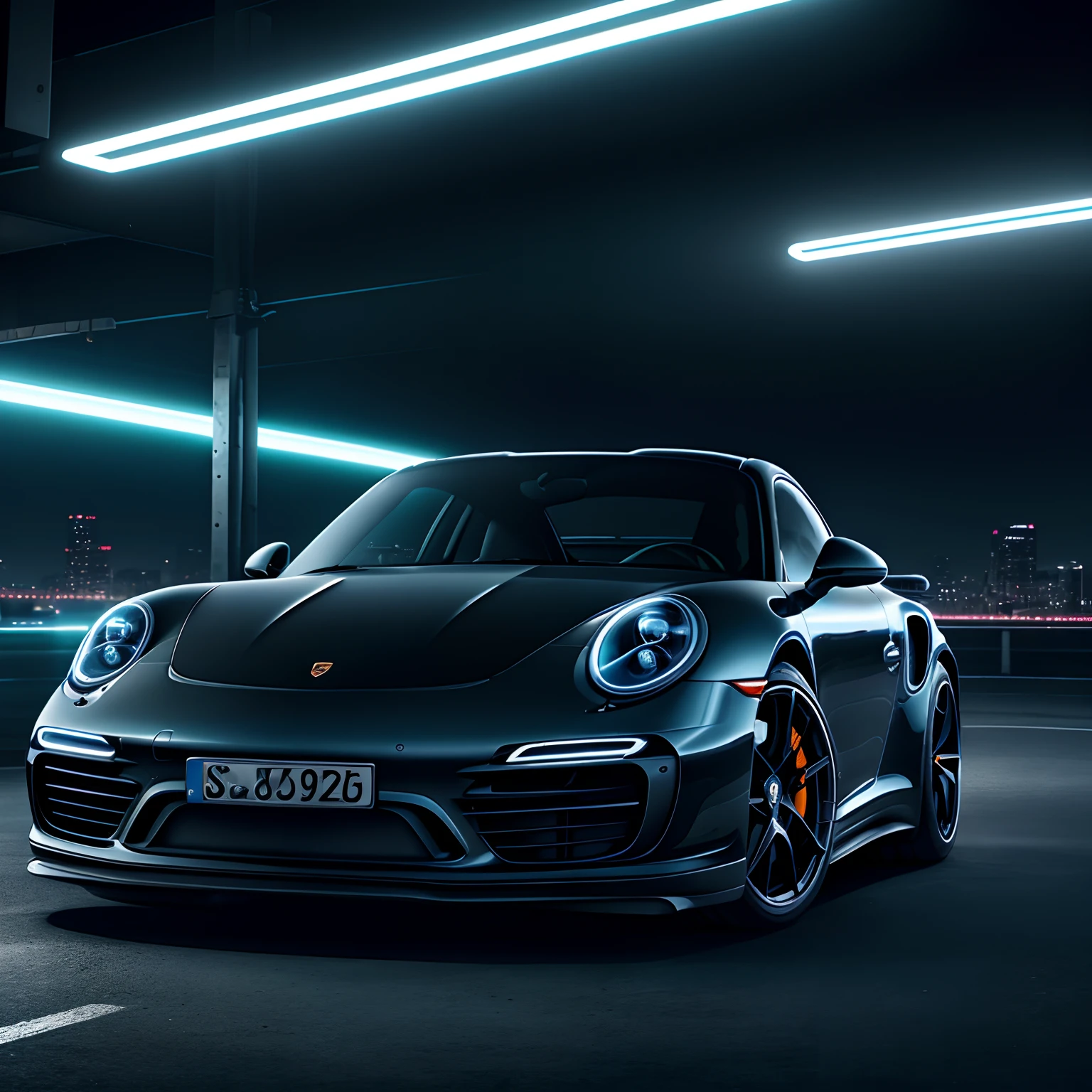 Porsche 911 Turbo, style neon, neon lights, black night, highly detailed, photo fiction, on a dark background, seed 1260501099