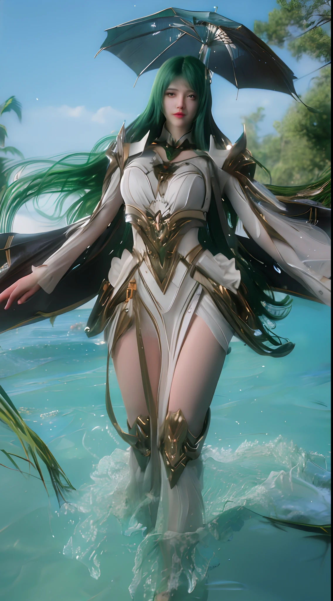 (A complex green-haired woman，Mecha joints and wing radiation, Quiet and dignified, Standing in the water), High-res, Ultra-detailed, Realistic, Vibrant colors, Bokeh, Studio lighting.