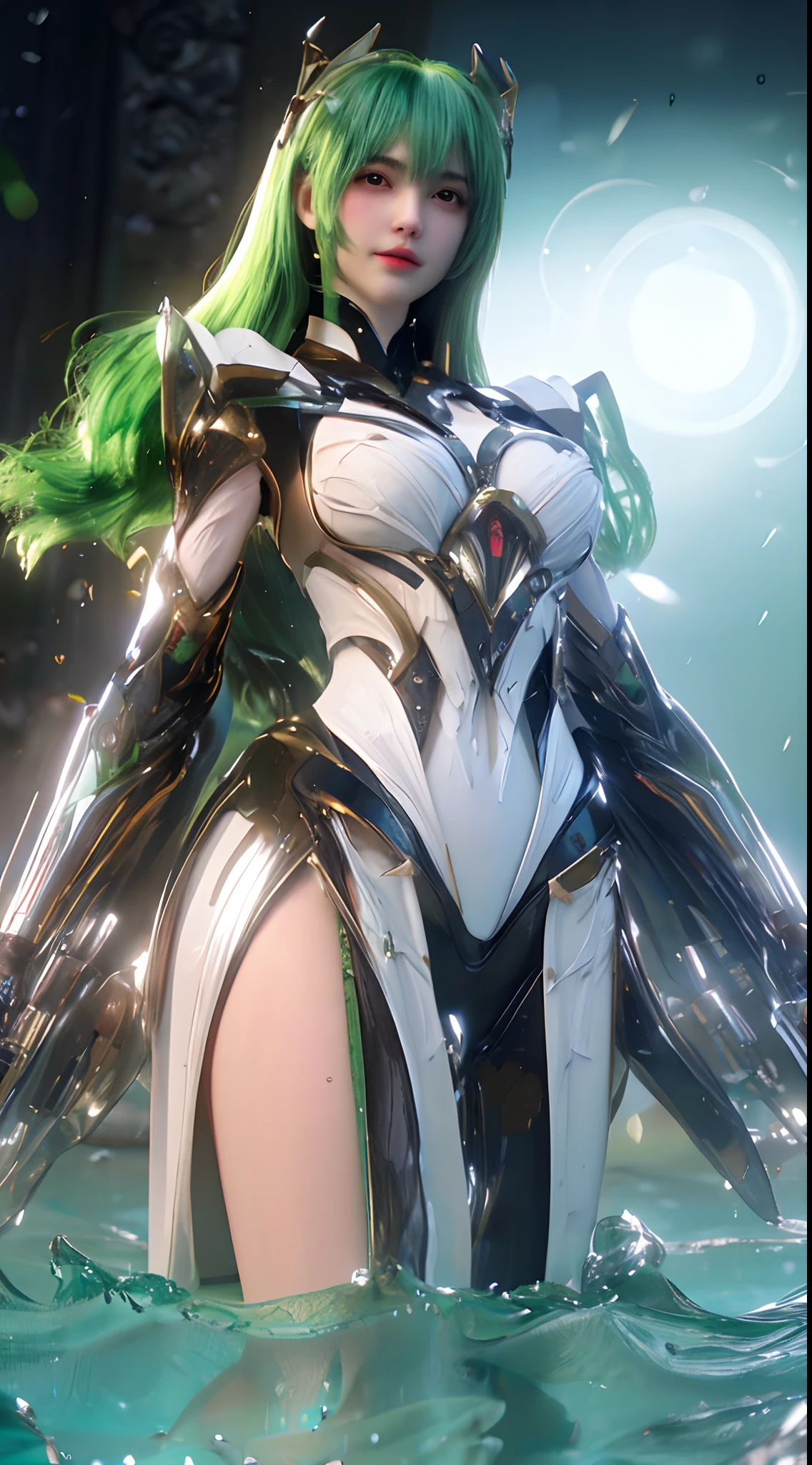 (A complex green-haired woman，Mecha joints and wing radiation, Quiet and dignified, Standing in the water), High-res, Ultra-detailed, Realistic, Vibrant colors, Bokeh, Studio lighting.