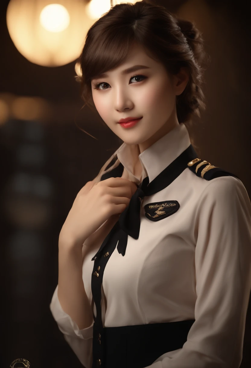 full body "(best quality,highres),(realistic),(studio lighting),(portrait),(16-year-old) cute girl,(reporter),(professional),(vivid colors),(detailed eyes, lips),(studio-type),(journalist),(microphone),(professional attire),(confident smile),(dynamic pose),(neutral background),(bright, energetic atmosphere)"16 years cute reporter (high quality,4k,8k,highres,masterpiece:1.2),beautiful detailed eyes,beautiful detailed lips,long hair,uniform, ((( girls))),girl with long hair in casual dress sitting on a studio , gesture,Mare hair,professional,vibrant colors,soft lighting,subtle shadows,messy bun, Mare hair light breeze,stunning graceful posture,confident expressions,expressive eyes,curvy eyelashes,subtle blushing,sparkling highlights,sharp details,soft skin,precise shading,luminous atmosphere,dynamic composition,sublime artwork, small round eyes, Chinese teen, glossyk lips, alluring cute smile, k pop looks, full body complete anatomy (In the Dark: 1.6), surreal female portrait by David Hockney and Alphonse Mucha, fantasy art, photorealism, dynamic lighting, artstation, poster, volumetric lighting, very detailed faces, 4k, Award Winning, 1girl, In Dark, Deep Shadow, Low Key, Cowboy Shot, (Stewardess Uniform: 1.4), Long Hair, White Hair, Bust, Terminal, Medium Boobs