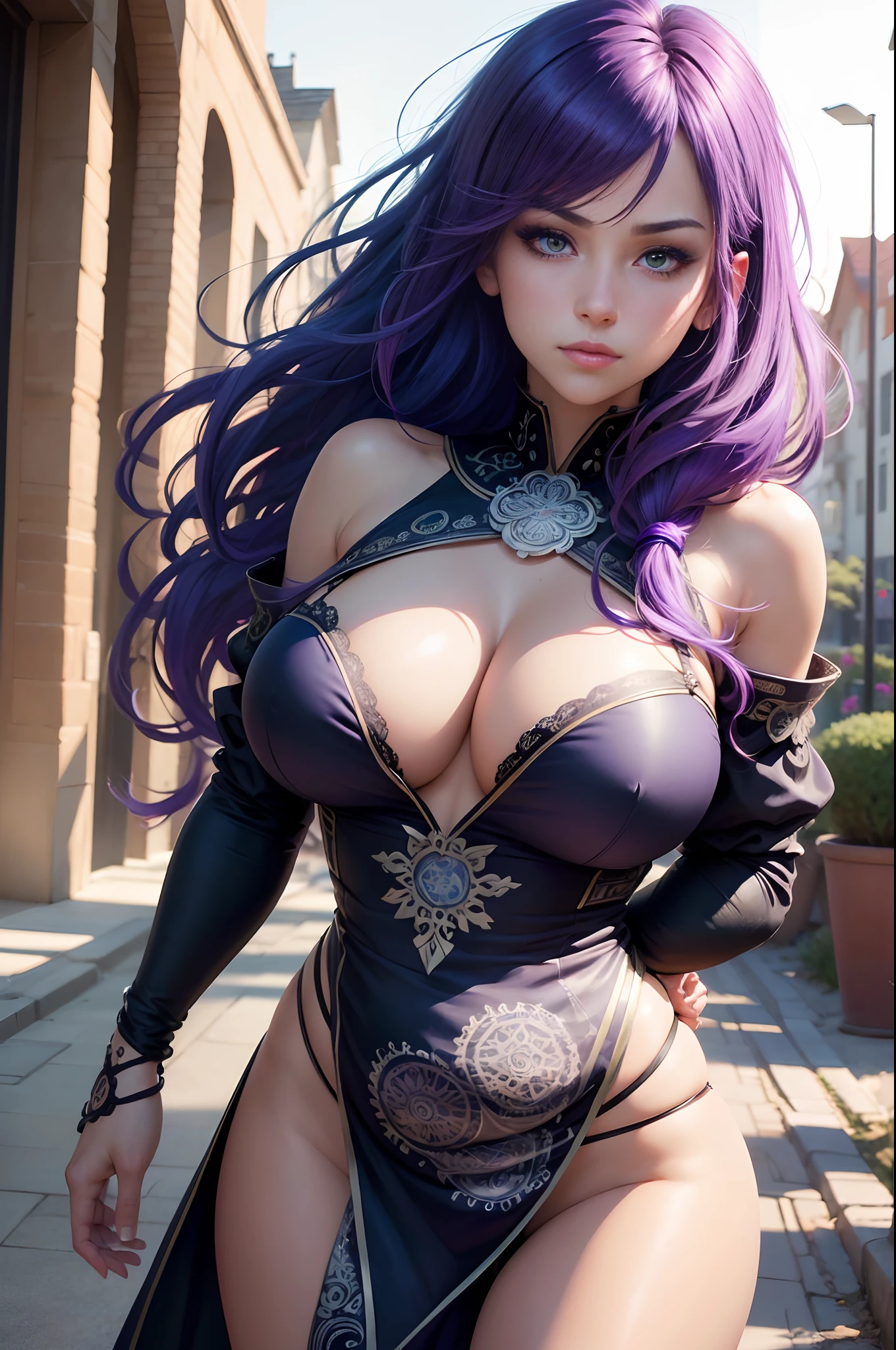 (masutepiece, Best Quality, Ultra-detailed, hight resolution, Best Illustration),1womanl, Solo,(Male Focus:0.8),Beauty,Huge breasts,Big cleavage,Purple hair, Blue hair, Heterochromia, Green eyes, two tone hair, ,Side lighting, Lustrous skin,(shine), (Shiny skin, Cetrick element, Nordic heritage), Ray tracing, Shirt, Windswept hair, detailed hairs, Detailed face, ,Depth_in the_field,Very detailed background,extreme light and shadows,(Detailed eyes) , Perfect Anatomy, (Zentangle, mandalas, Tangle, Entangle), Dynamic Angle, Wide Shot, Upper body, A city scape, extreme light and shadows, nigh sky